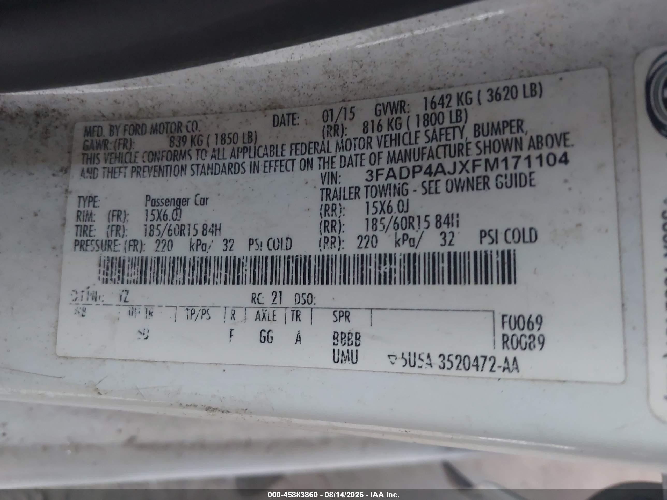2015 Ford Fiesta S White vin: 3FADP4AJXFM171104
