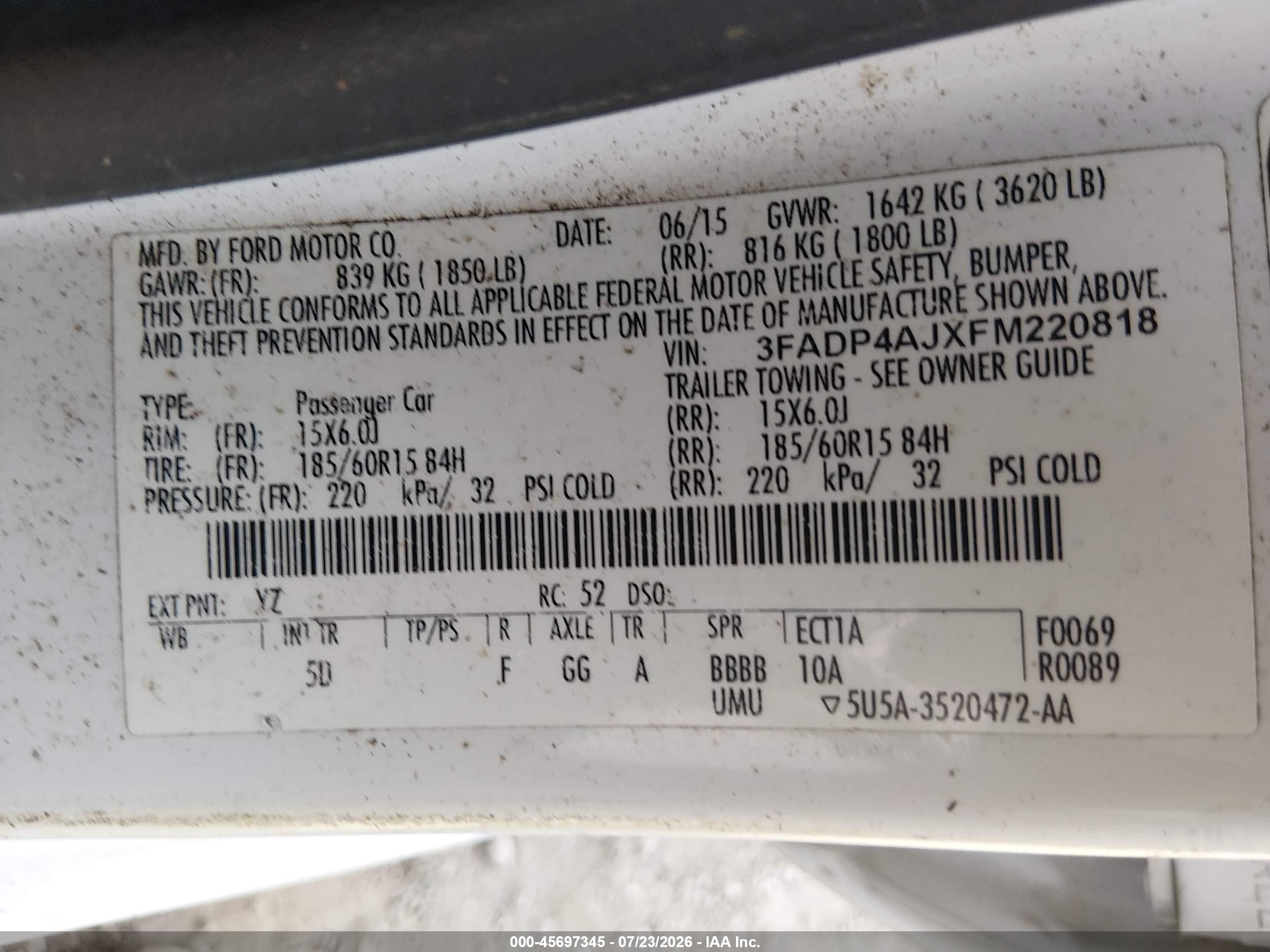 2015 Ford Fiesta S White vin: 3FADP4AJXFM220818