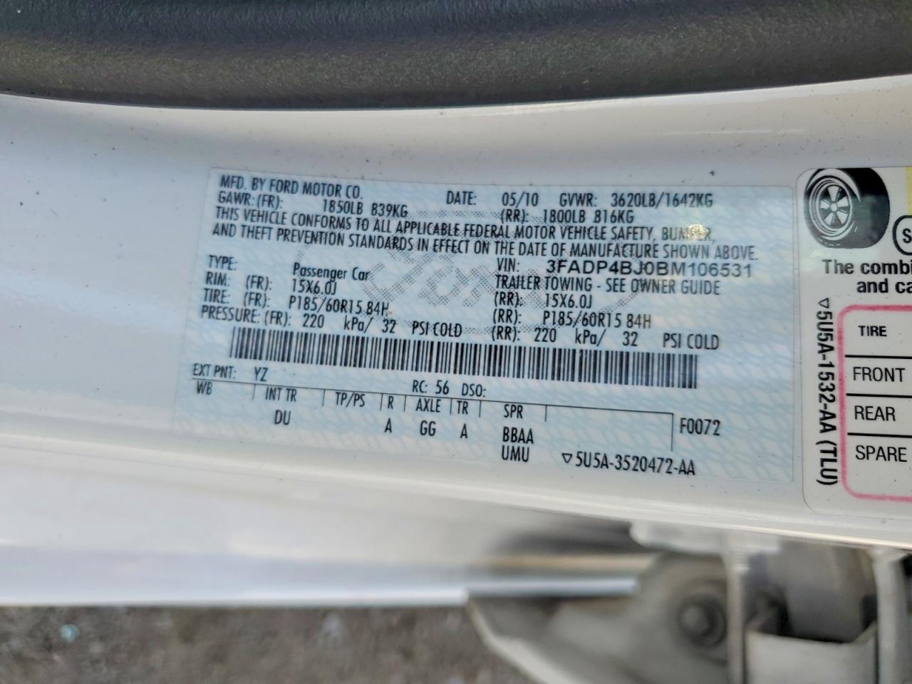 2011 Ford Fiesta Se White vin: 3FADP4BJ0BM106531