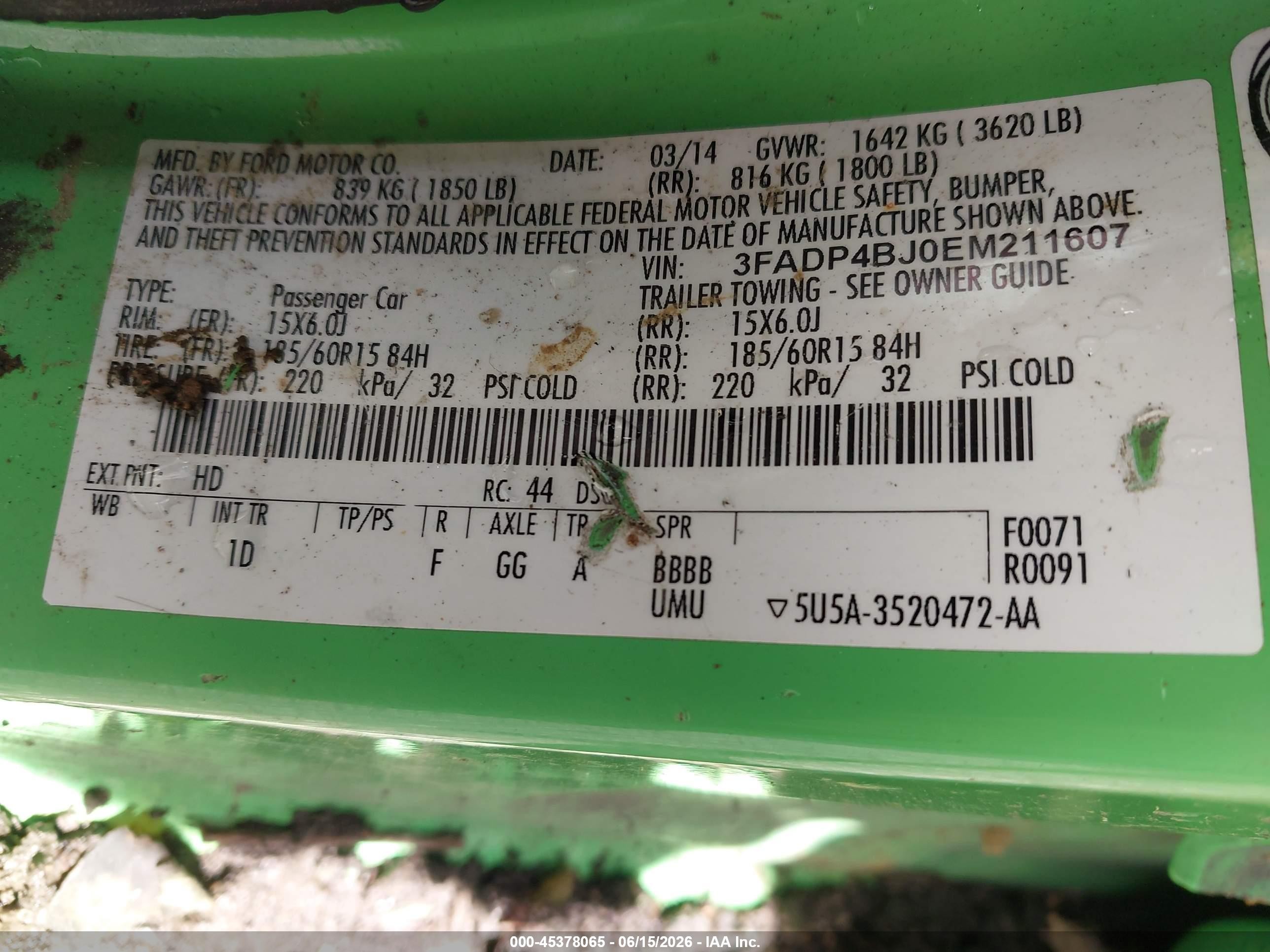 2014 Ford Fiesta Se Green vin: 3FADP4BJ0EM211607