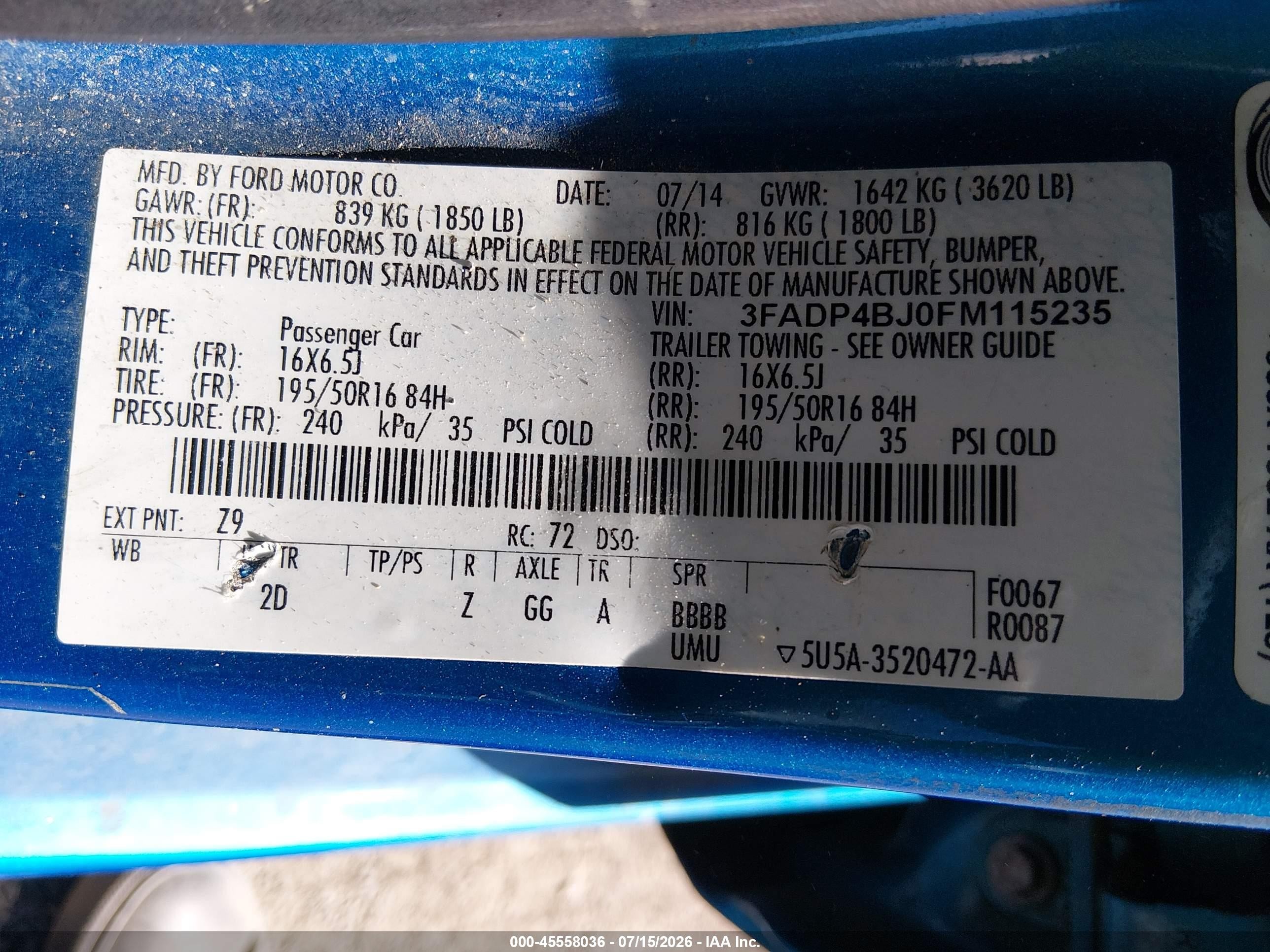 2015 Ford Fiesta Se Blue vin: 3FADP4BJ0FM115235