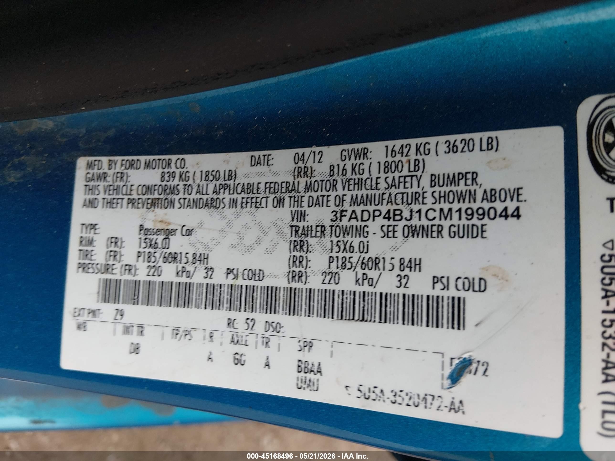 2012 Ford Fiesta Se Blue vin: 3FADP4BJ1CM199044