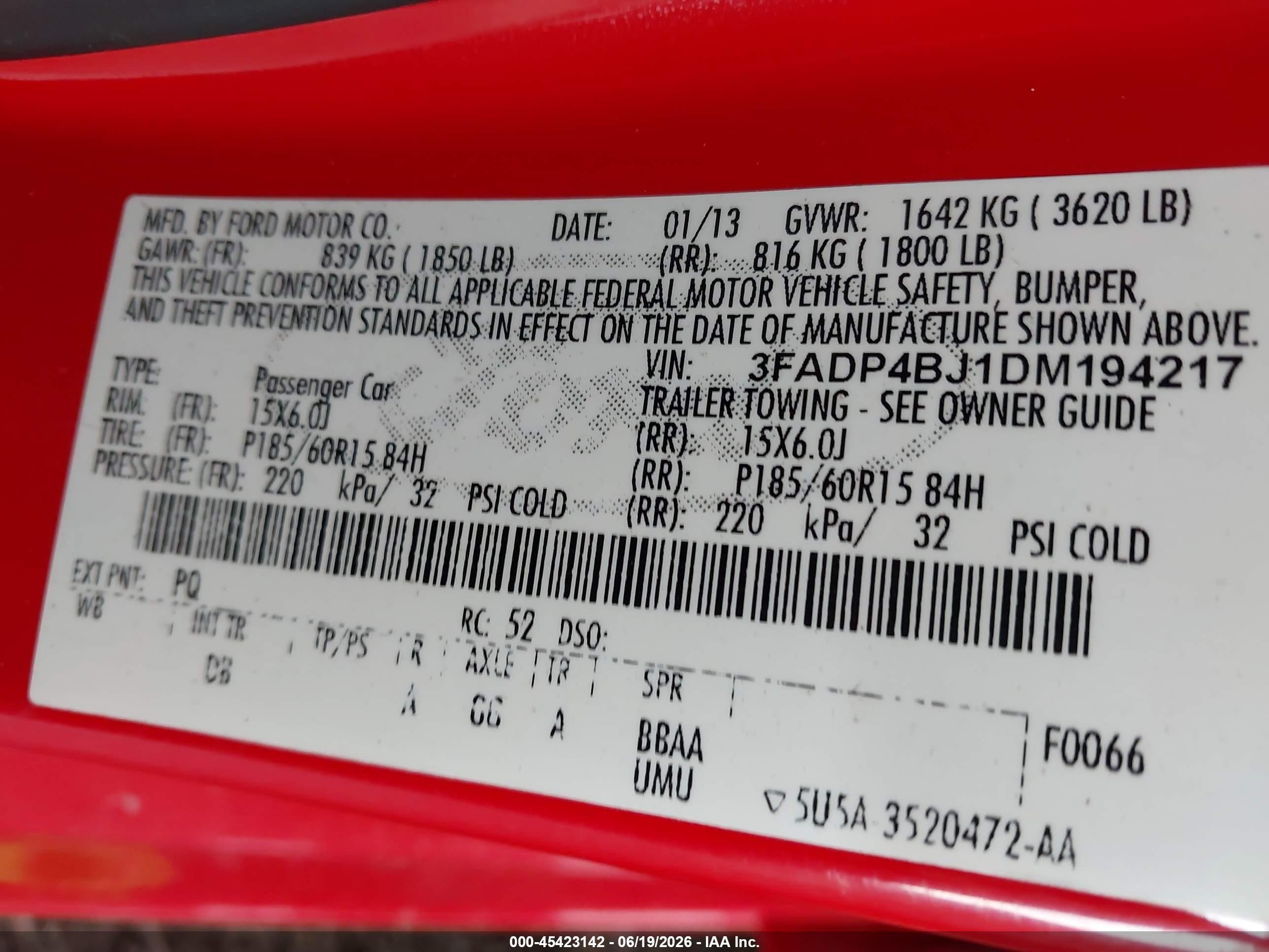 2013 Ford Fiesta Se Red vin: 3FADP4BJ1DM194217