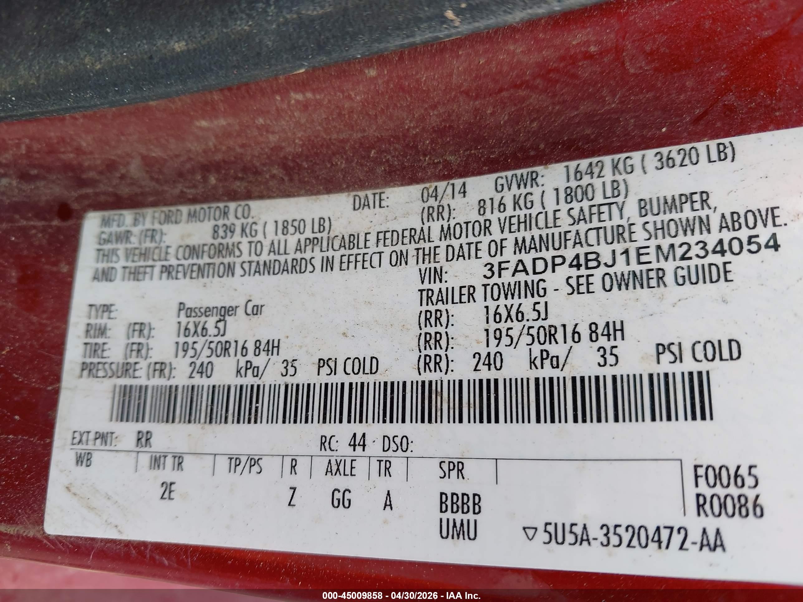 2014 Ford Fiesta Se Red vin: 3FADP4BJ1EM234054