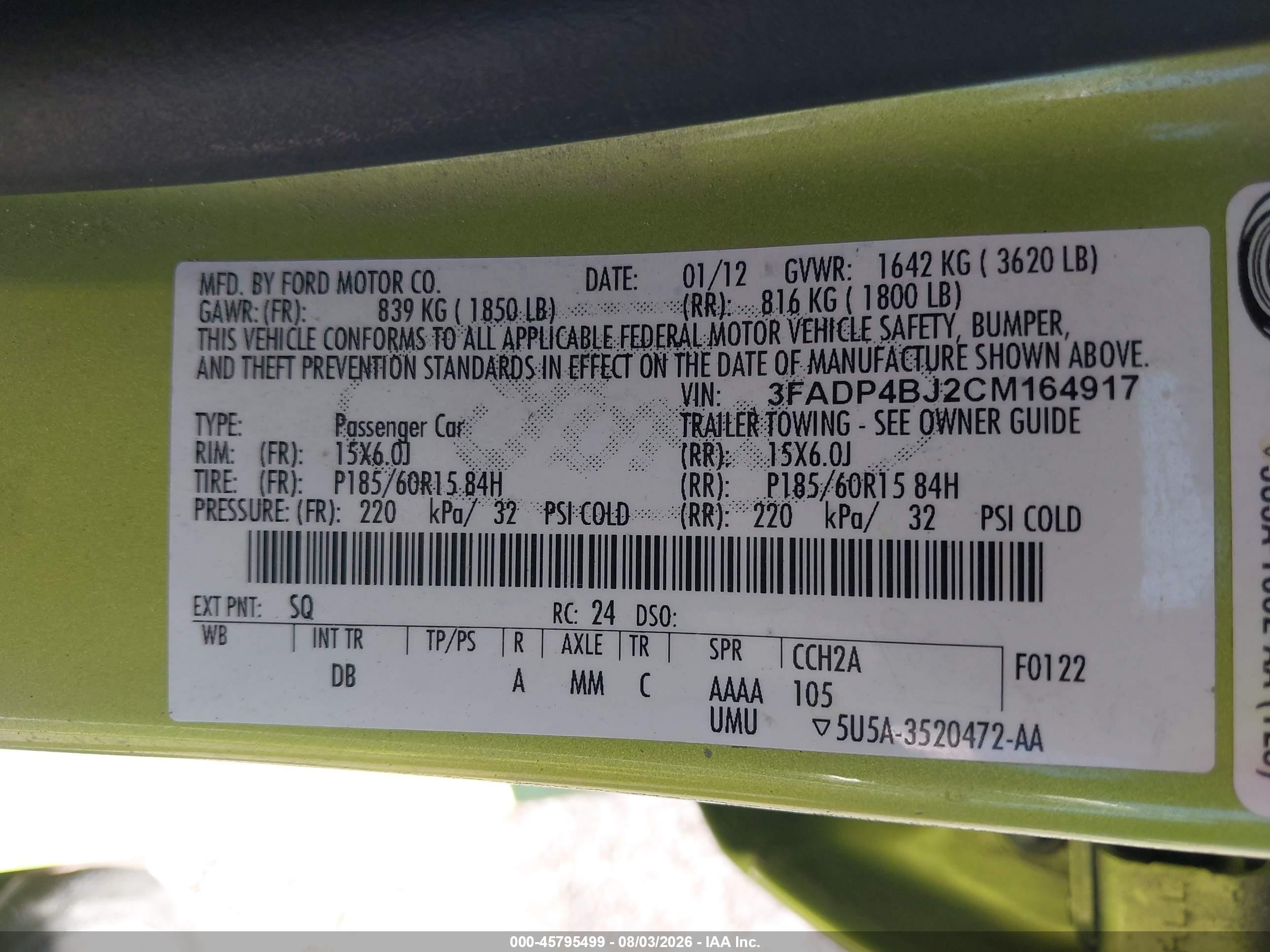 2012 Ford Fiesta Se Green vin: 3FADP4BJ2CM164917