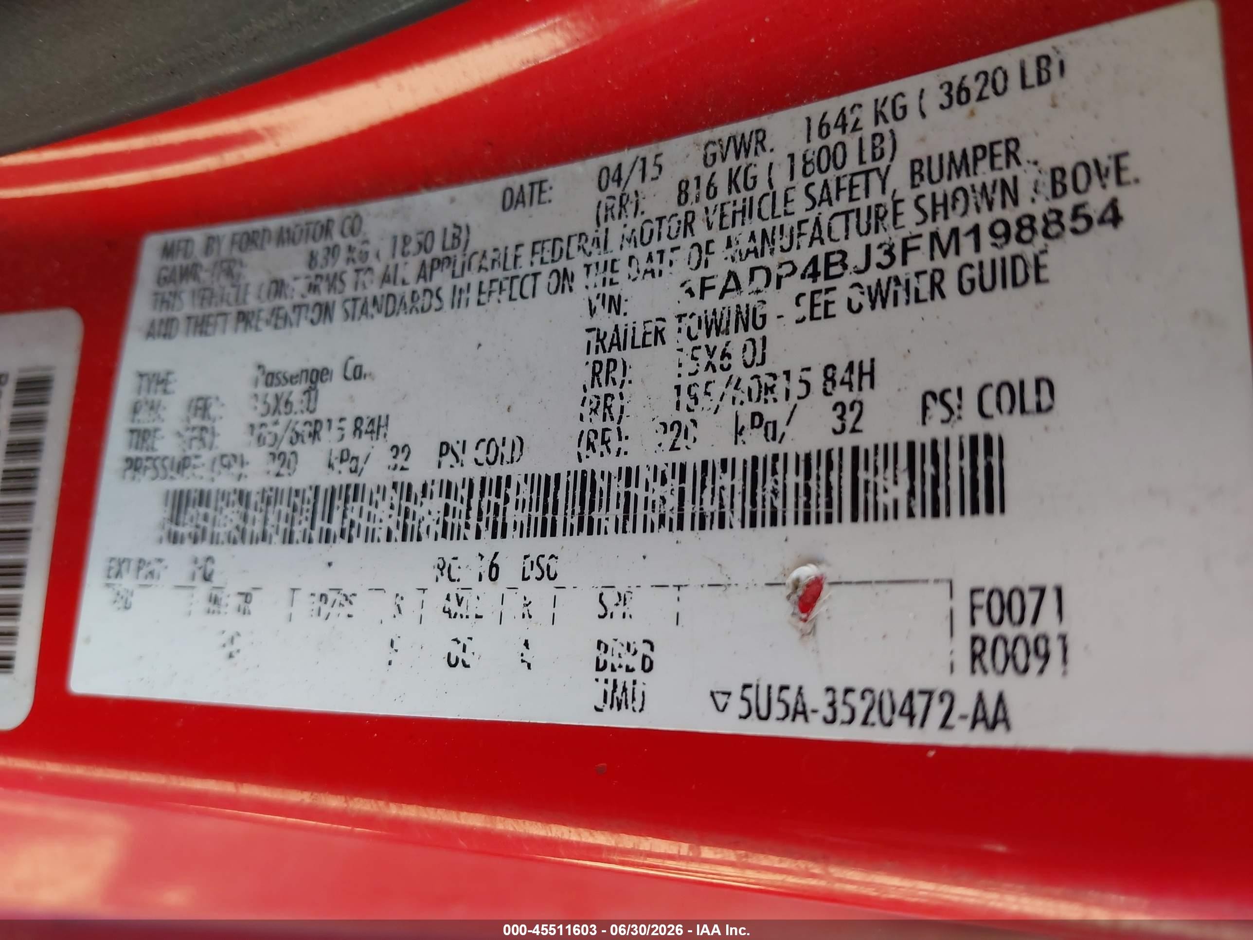 2015 Ford Fiesta Se Red vin: 3FADP4BJ3FM198854