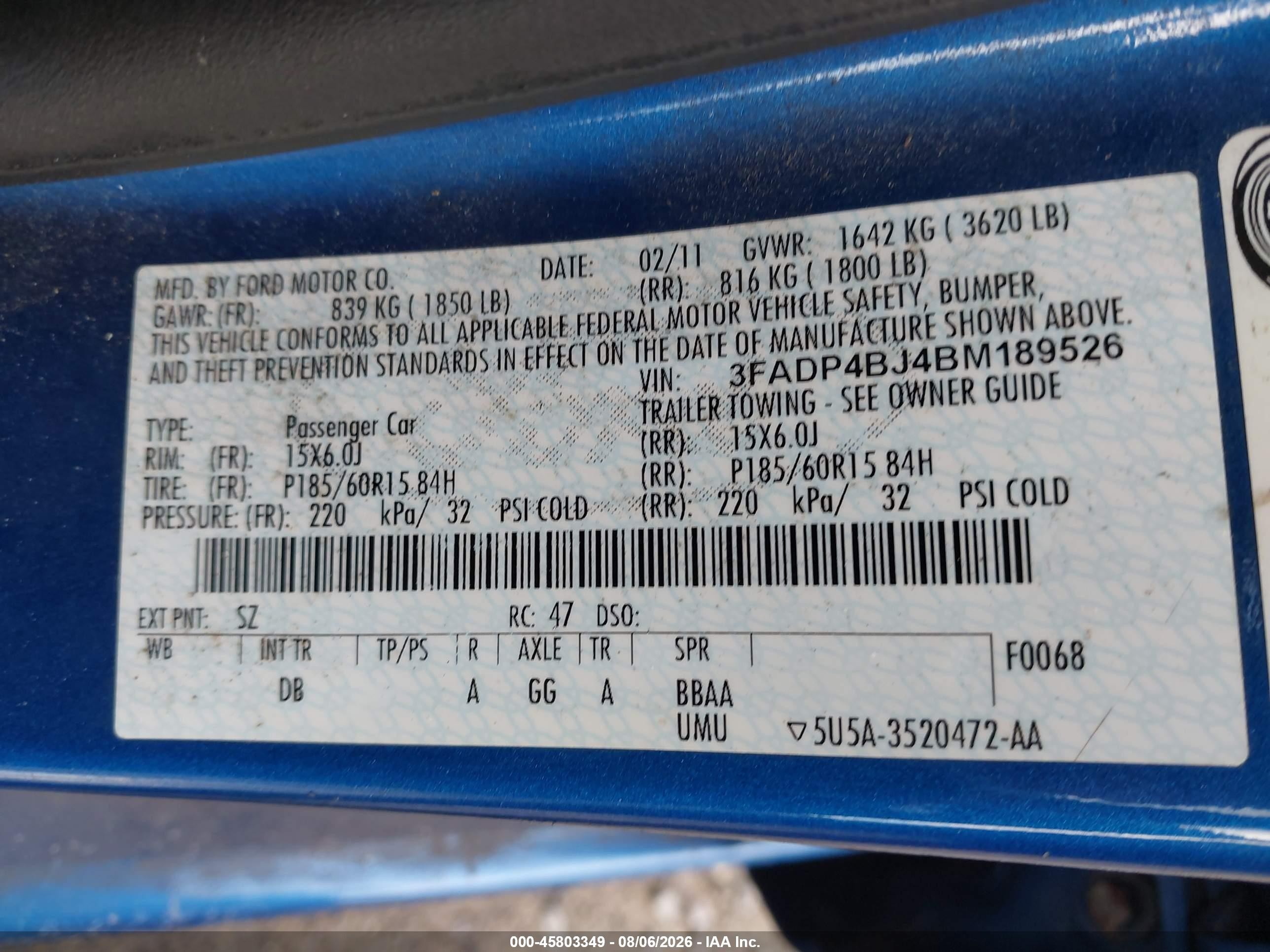 2011 Ford Fiesta Se Blue vin: 3FADP4BJ4BM189526