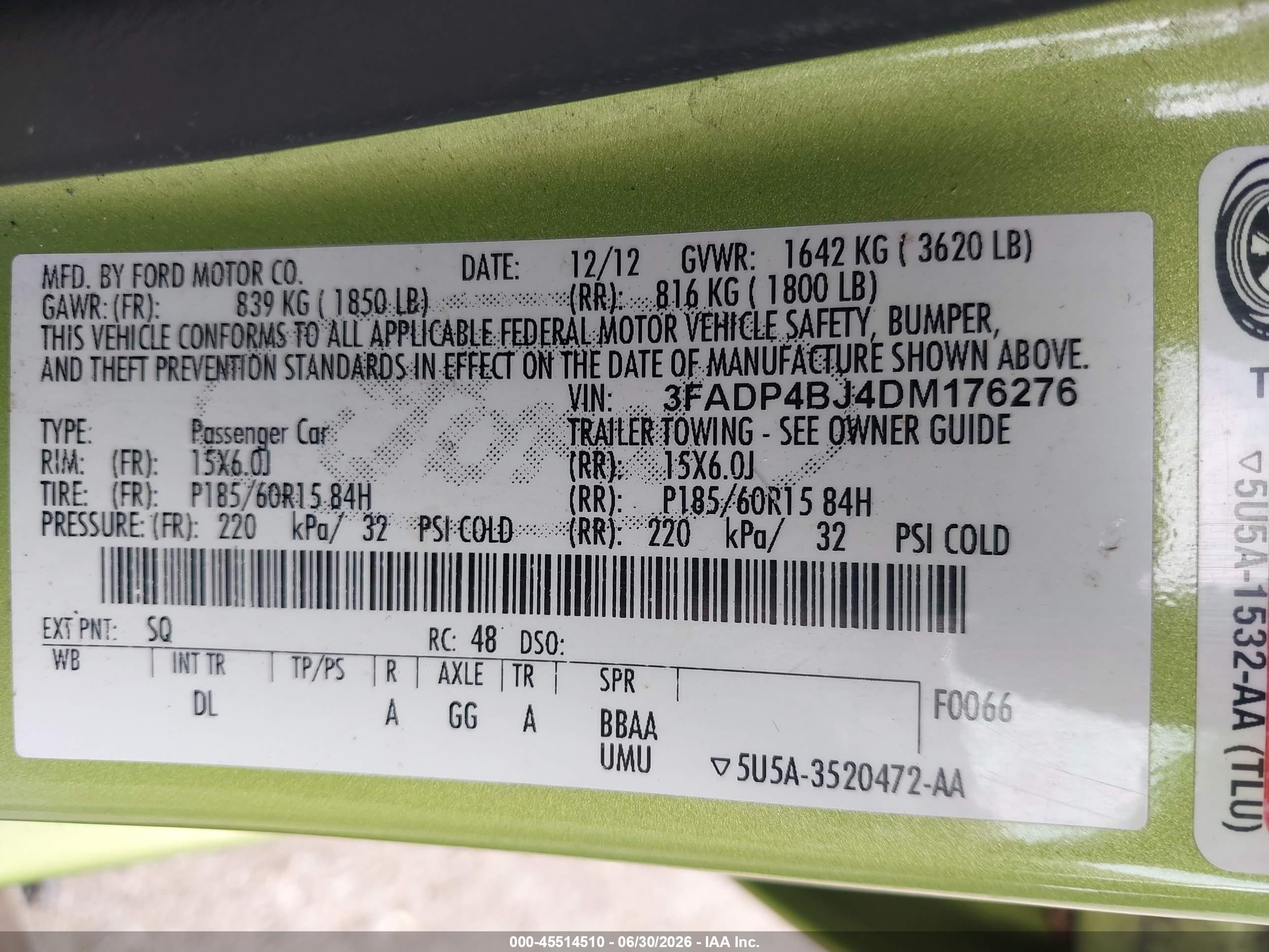 2013 Ford Fiesta Se Green vin: 3FADP4BJ4DM176276