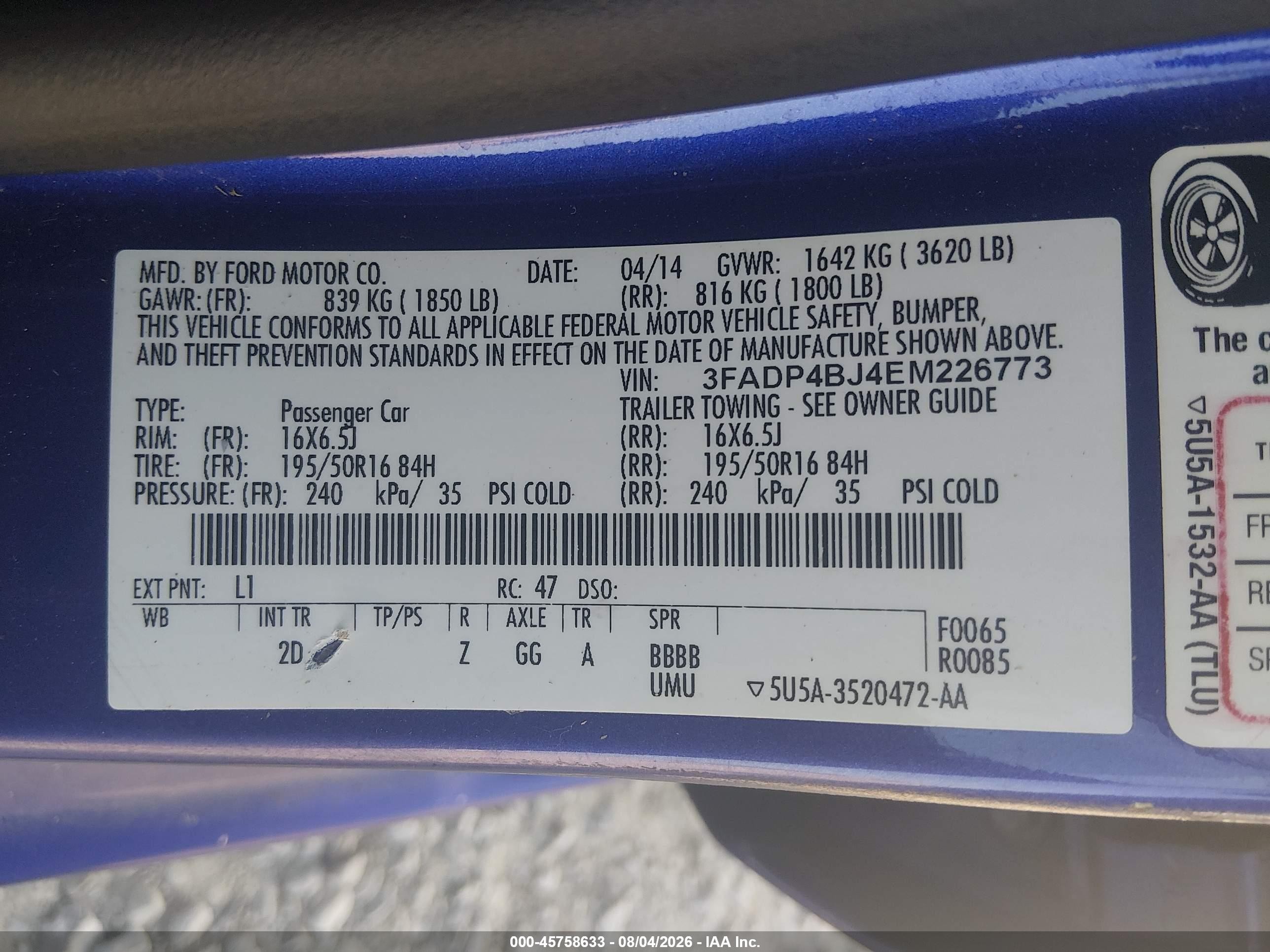 2014 Ford Fiesta Se Blue vin: 3FADP4BJ4EM226773