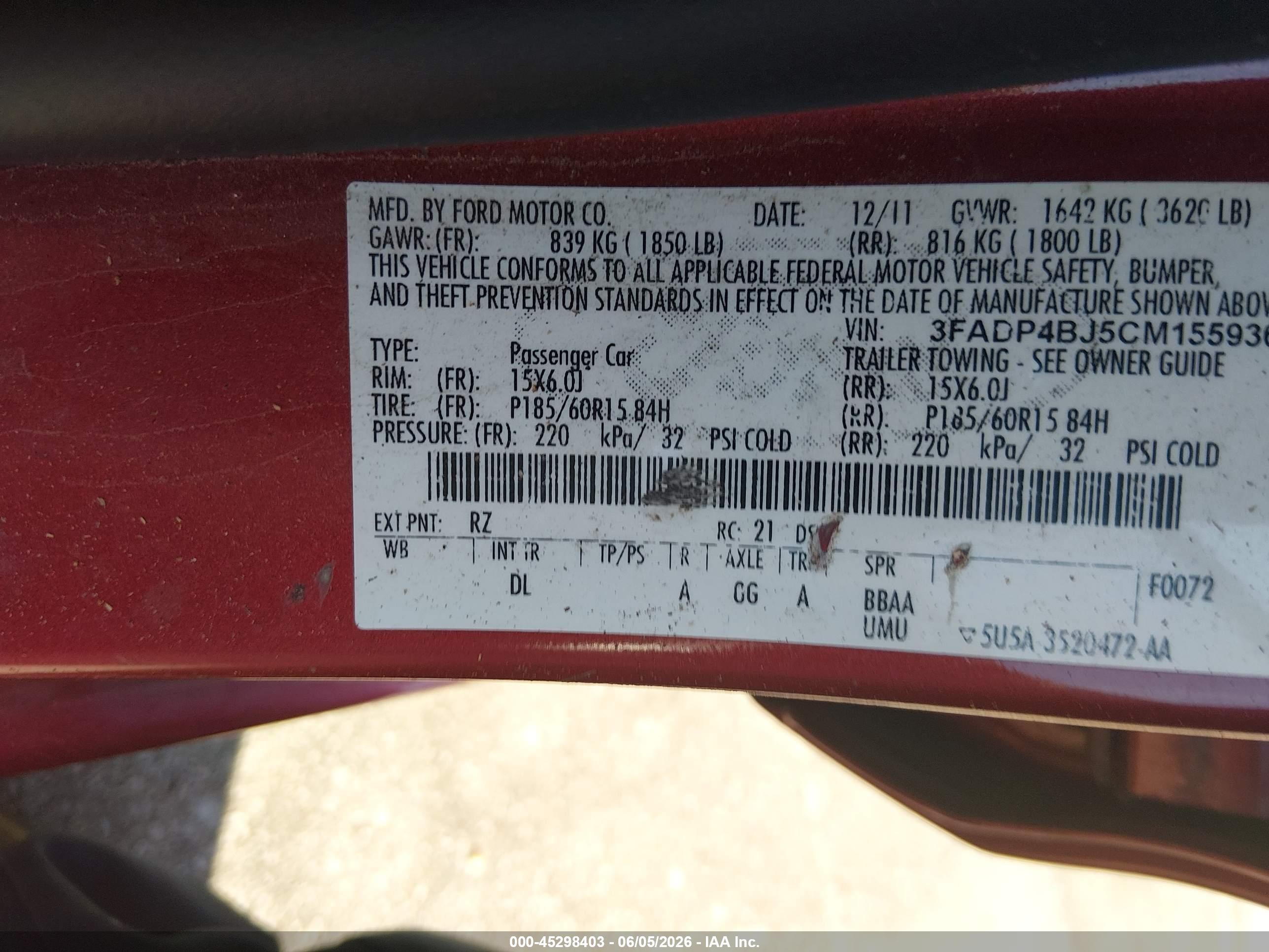 2012 Ford Fiesta Se Red vin: 3FADP4BJ5CM155936
