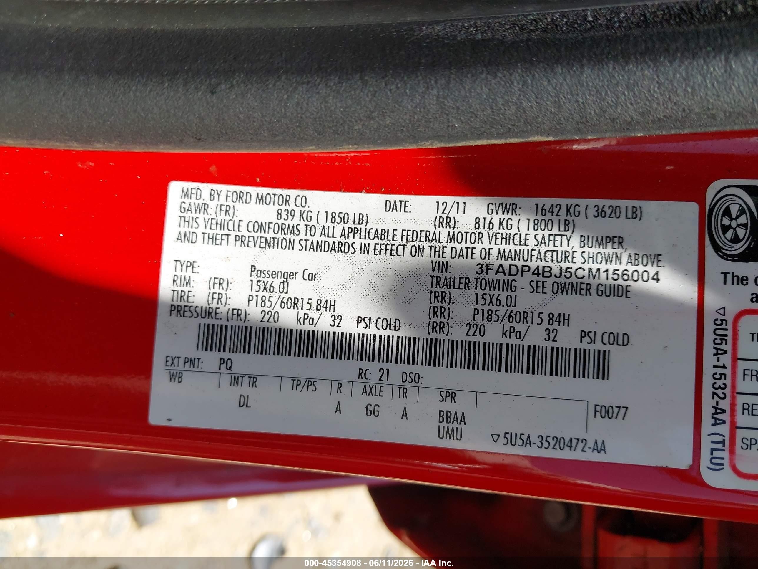 2012 Ford Fiesta Se Red vin: 3FADP4BJ5CM156004