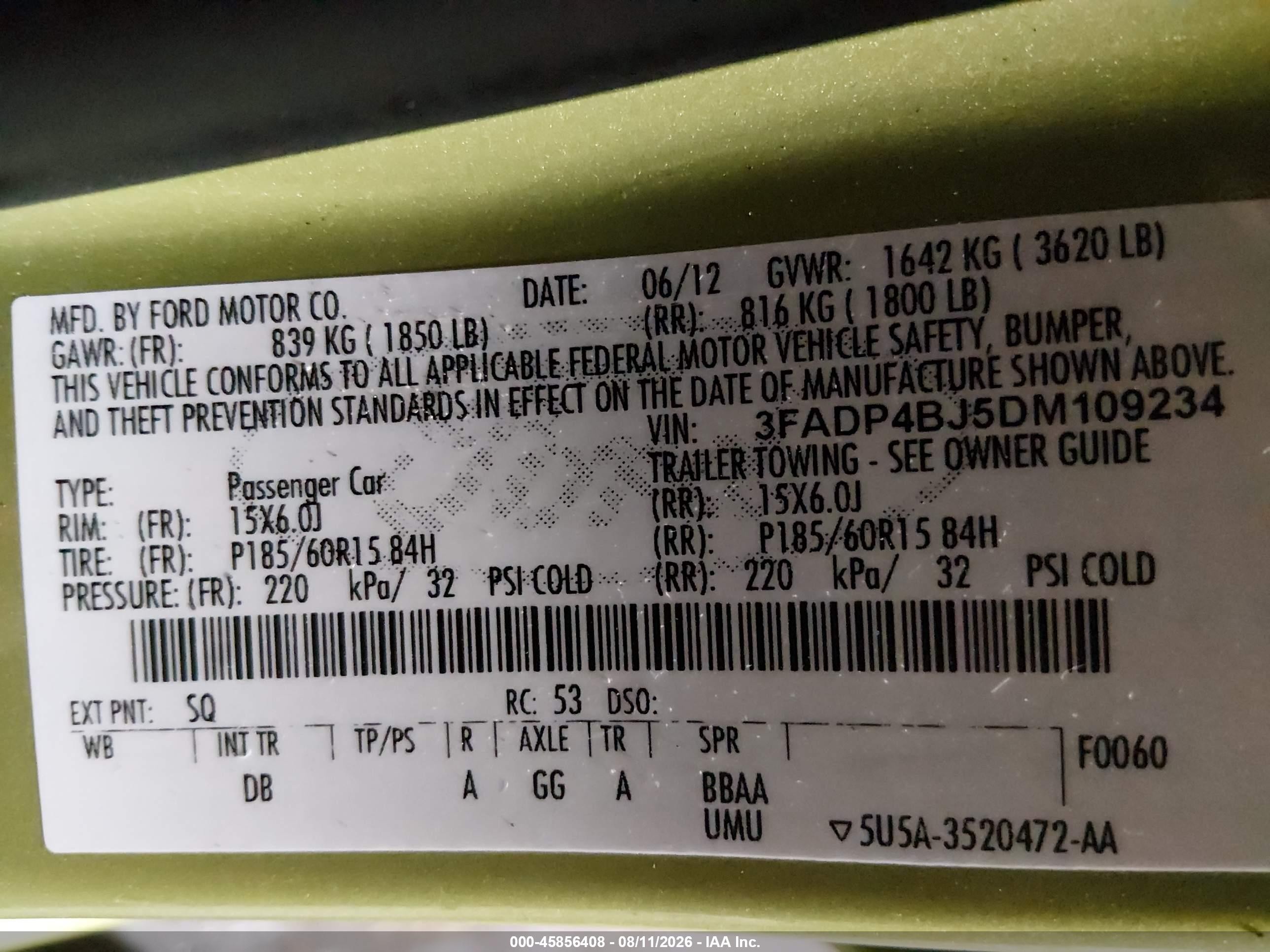 2013 Ford Fiesta Se Green vin: 3FADP4BJ5DM109234
