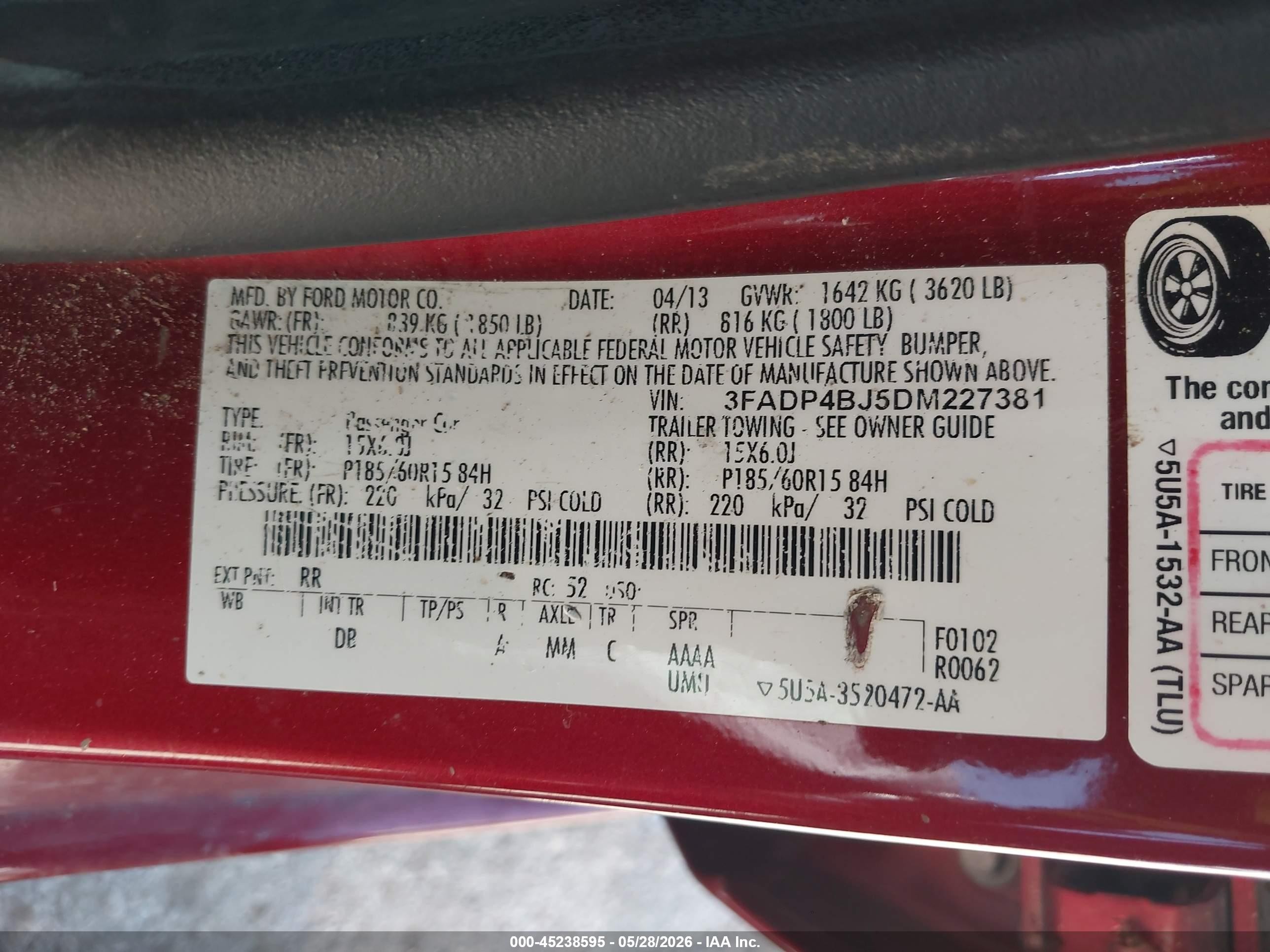 2013 Ford Fiesta Se Red vin: 3FADP4BJ5DM227381