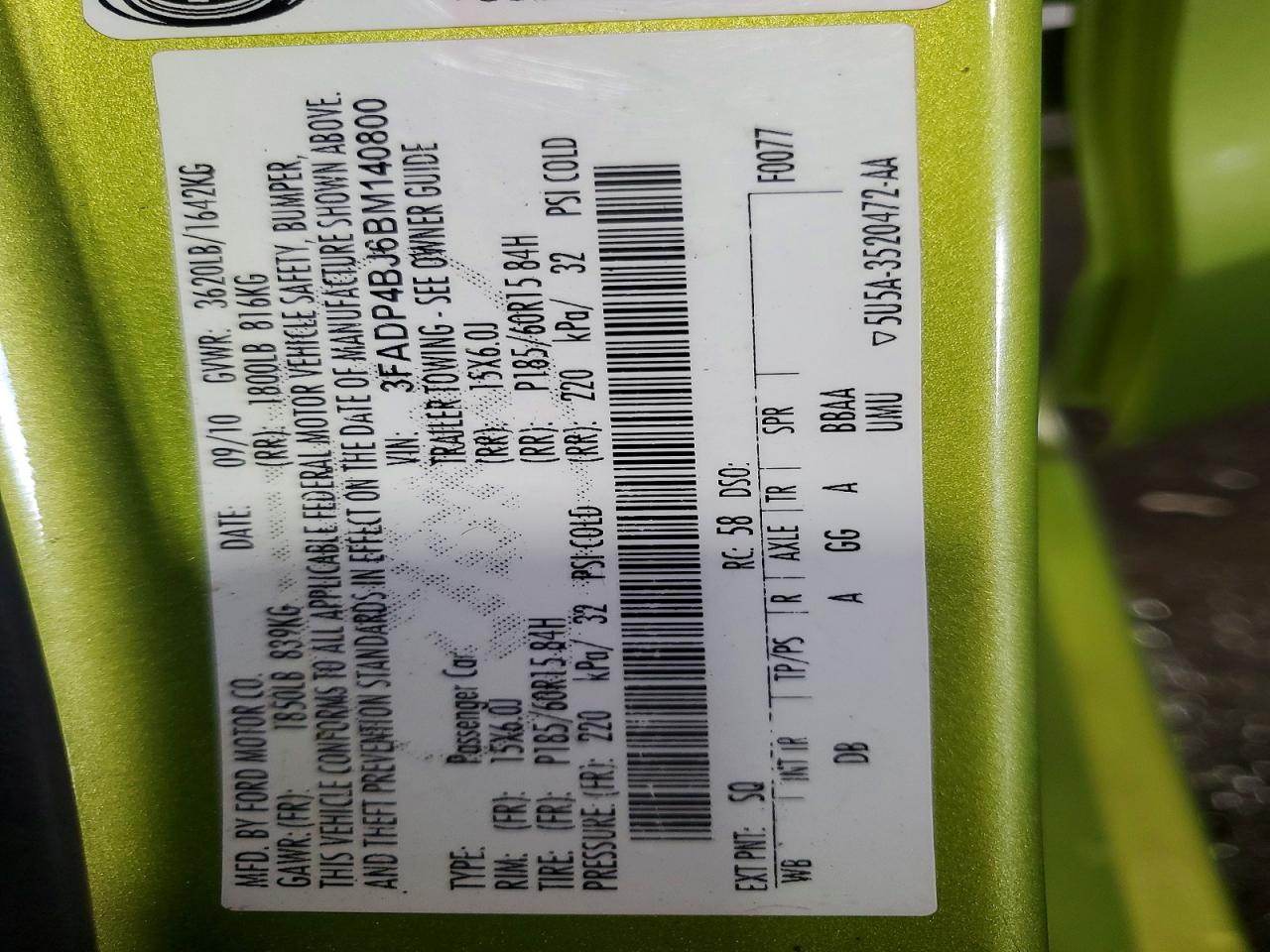2011 Ford Fiesta Se Green vin: 3FADP4BJ6BM140800