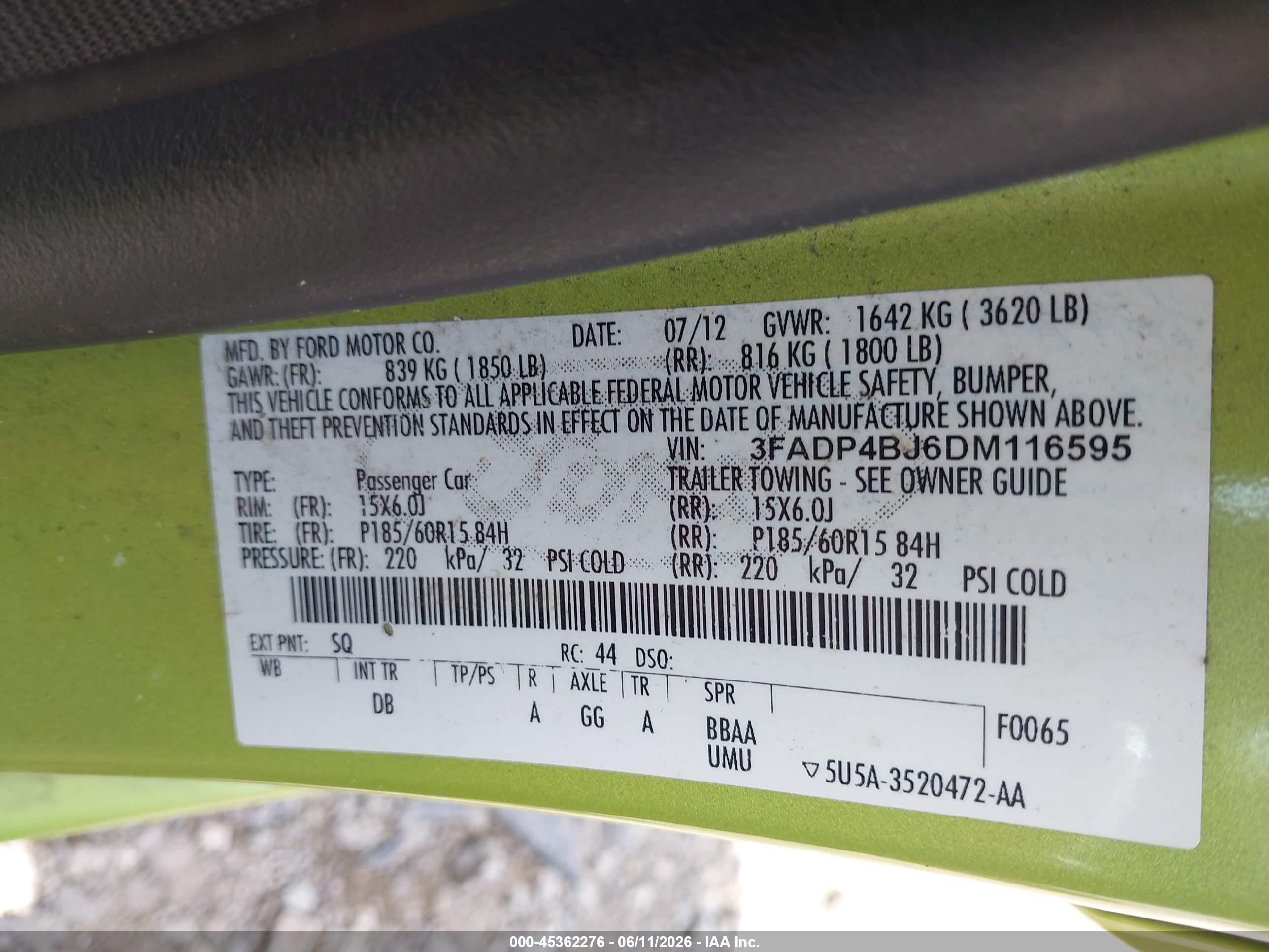 2013 Ford Fiesta Se Green vin: 3FADP4BJ6DM116595