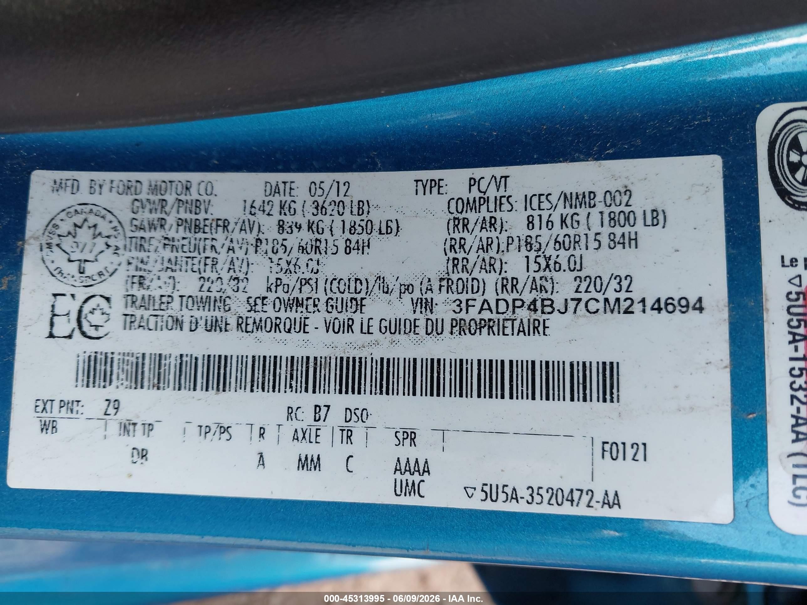 2012 Ford Fiesta Se Синий vin: 3FADP4BJ7CM214694