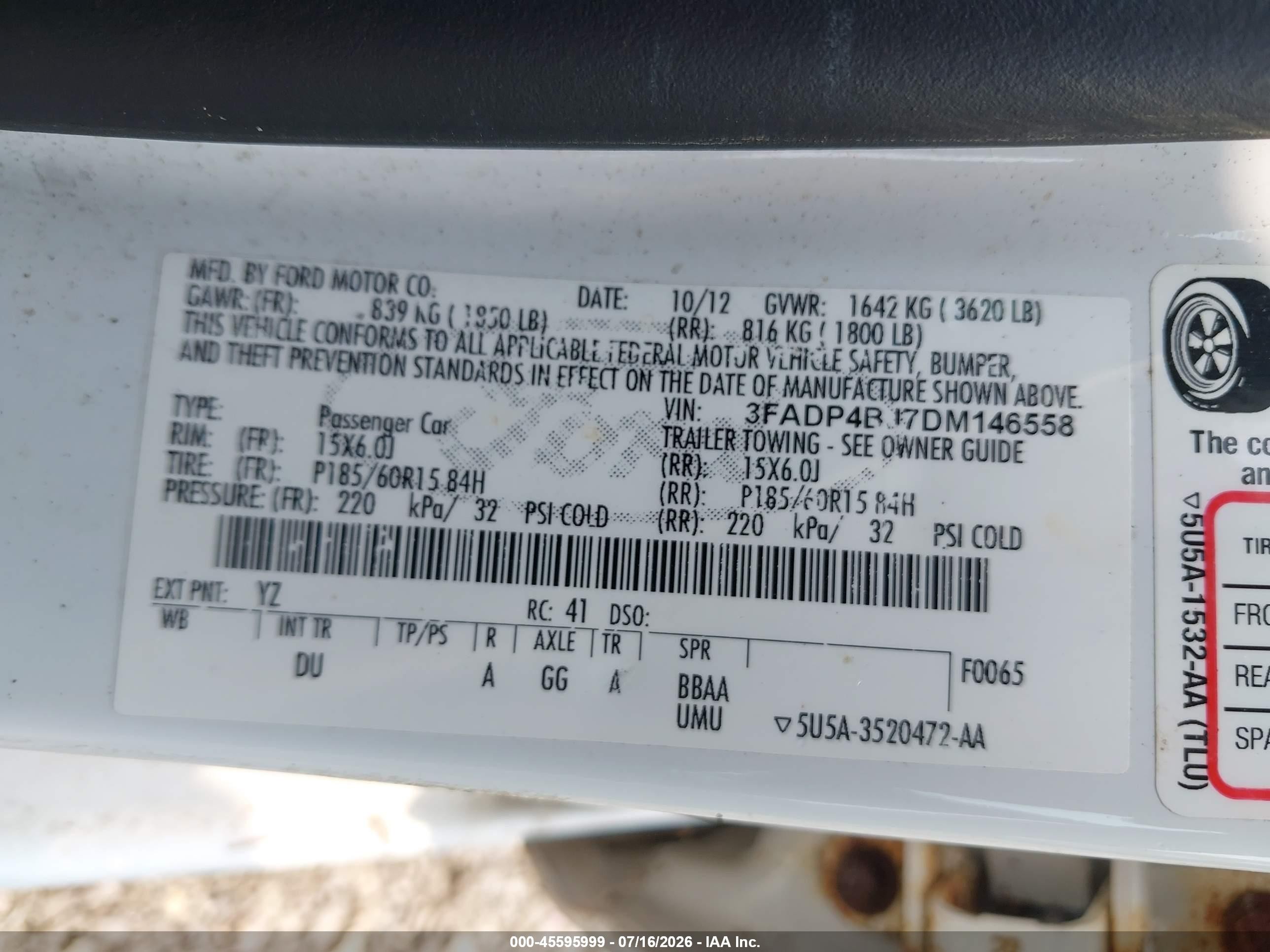 2013 Ford Fiesta Se White vin: 3FADP4BJ7DM146558