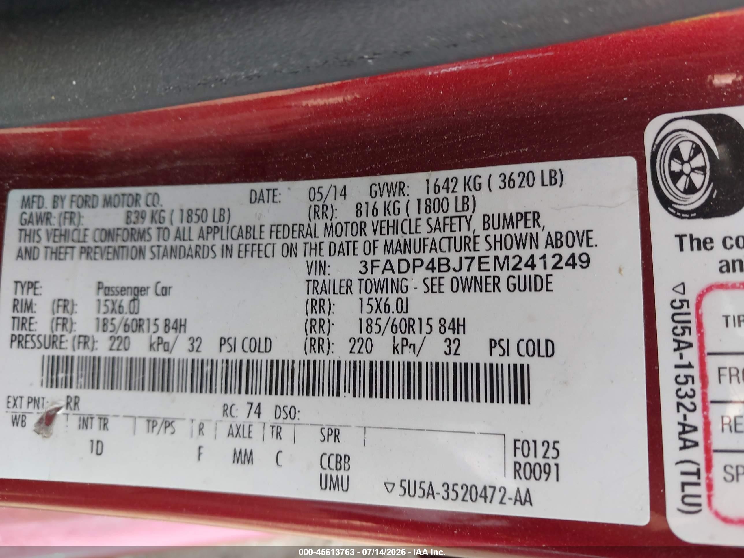 2014 Ford Fiesta Se Burgundy vin: 3FADP4BJ7EM241249