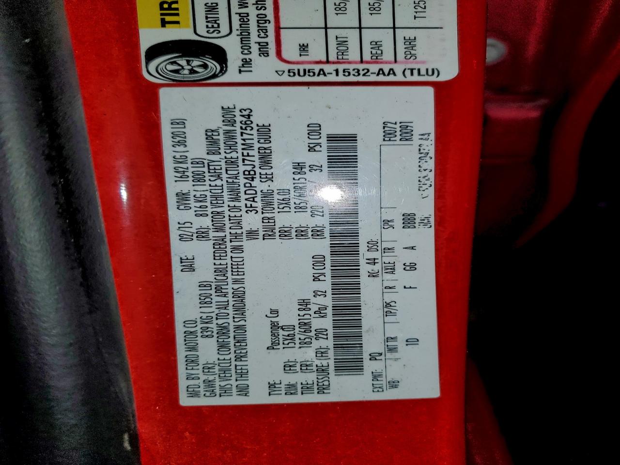 2015 Ford Fiesta Se Red vin: 3FADP4BJ7FM175643