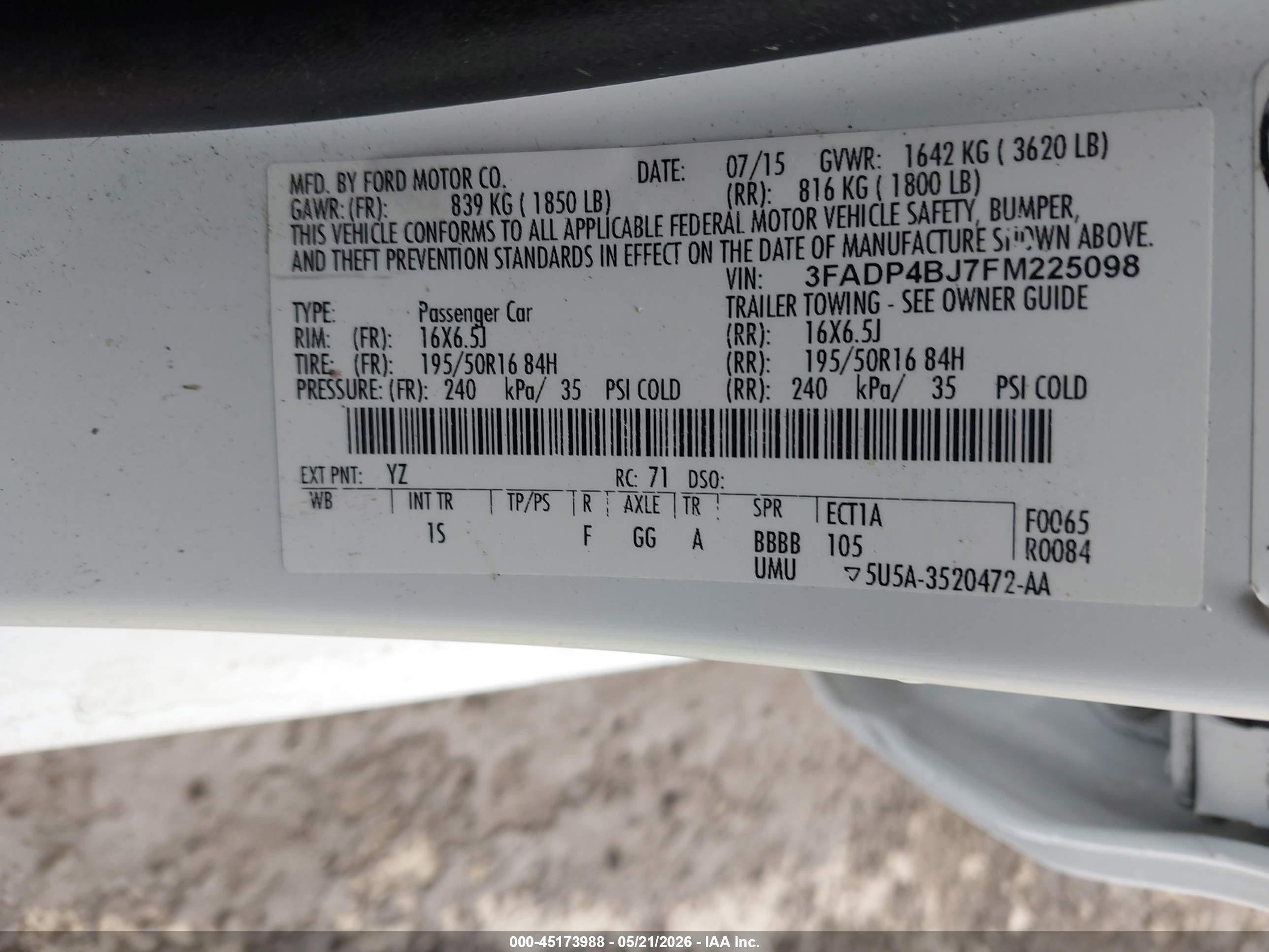 2015 Ford Fiesta Se White vin: 3FADP4BJ7FM225098