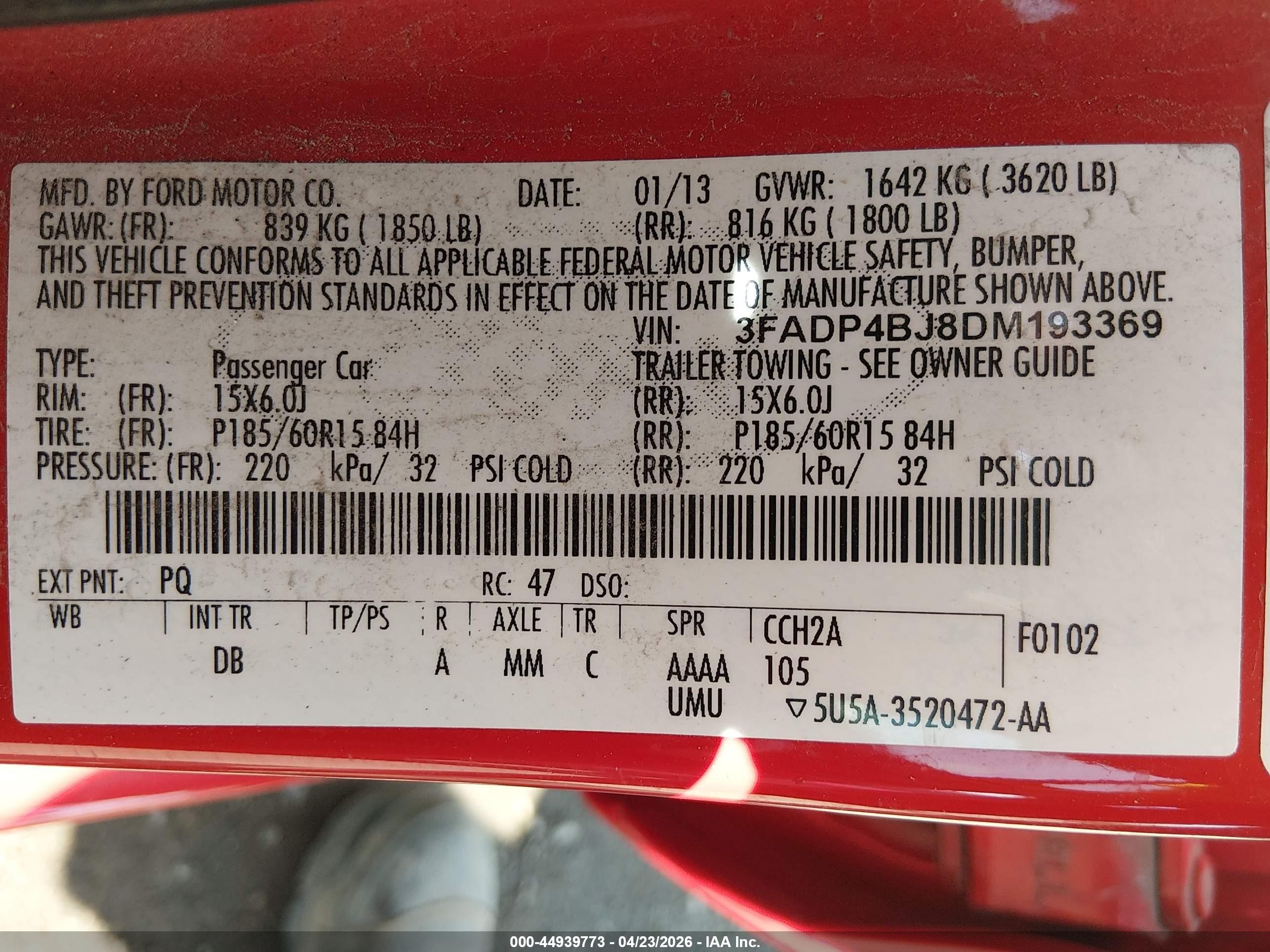 2013 Ford Fiesta Se Red vin: 3FADP4BJ8DM193369
