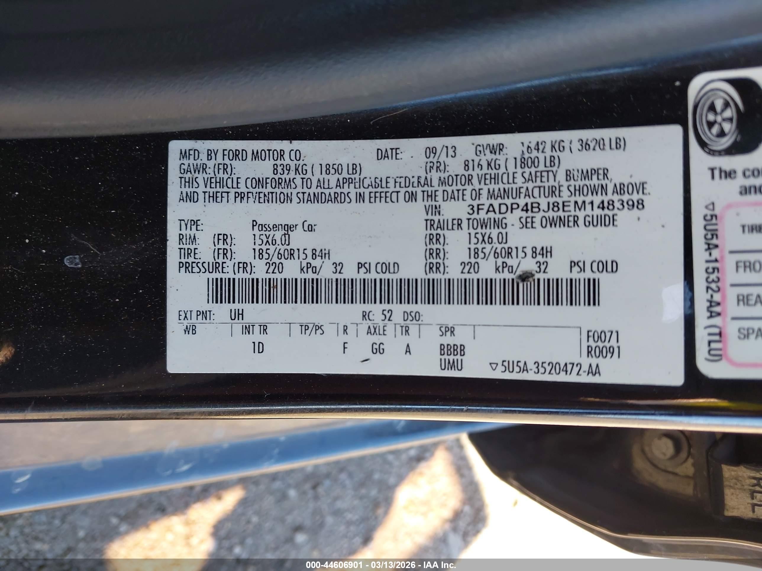 2014 Ford Fiesta Se Black vin: 3FADP4BJ8EM148398