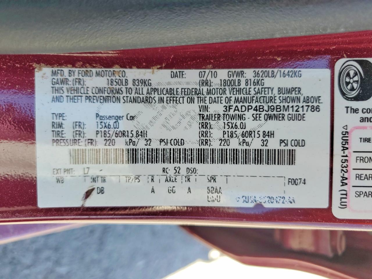 2011 Ford Fiesta Se Red vin: 3FADP4BJ9BM121786