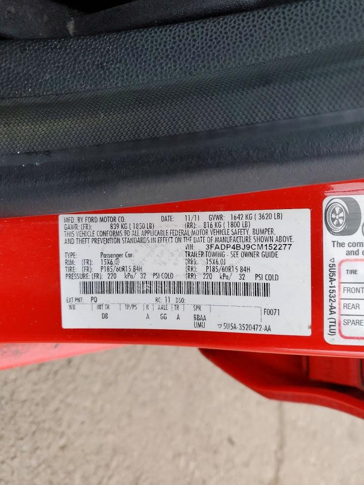 2012 Ford Fiesta Se Red vin: 3FADP4BJ9CM152277