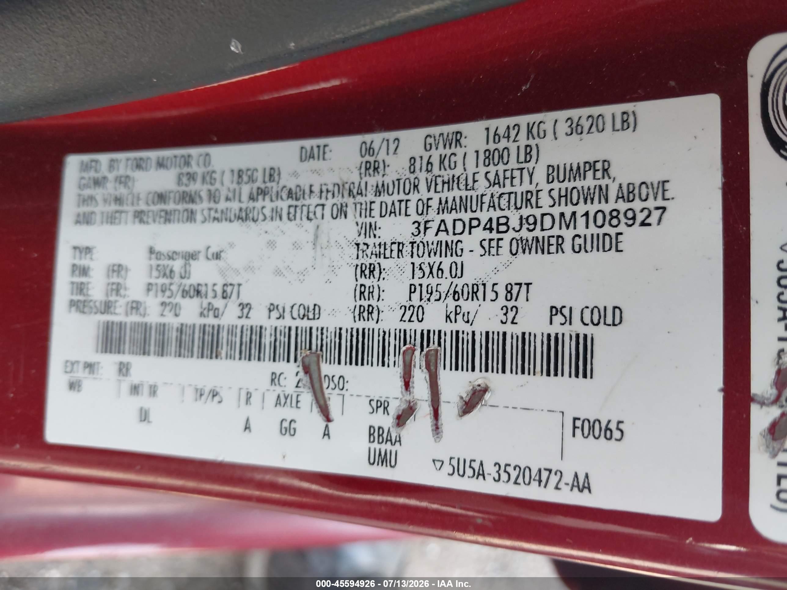 2013 Ford Fiesta Se Red vin: 3FADP4BJ9DM108927