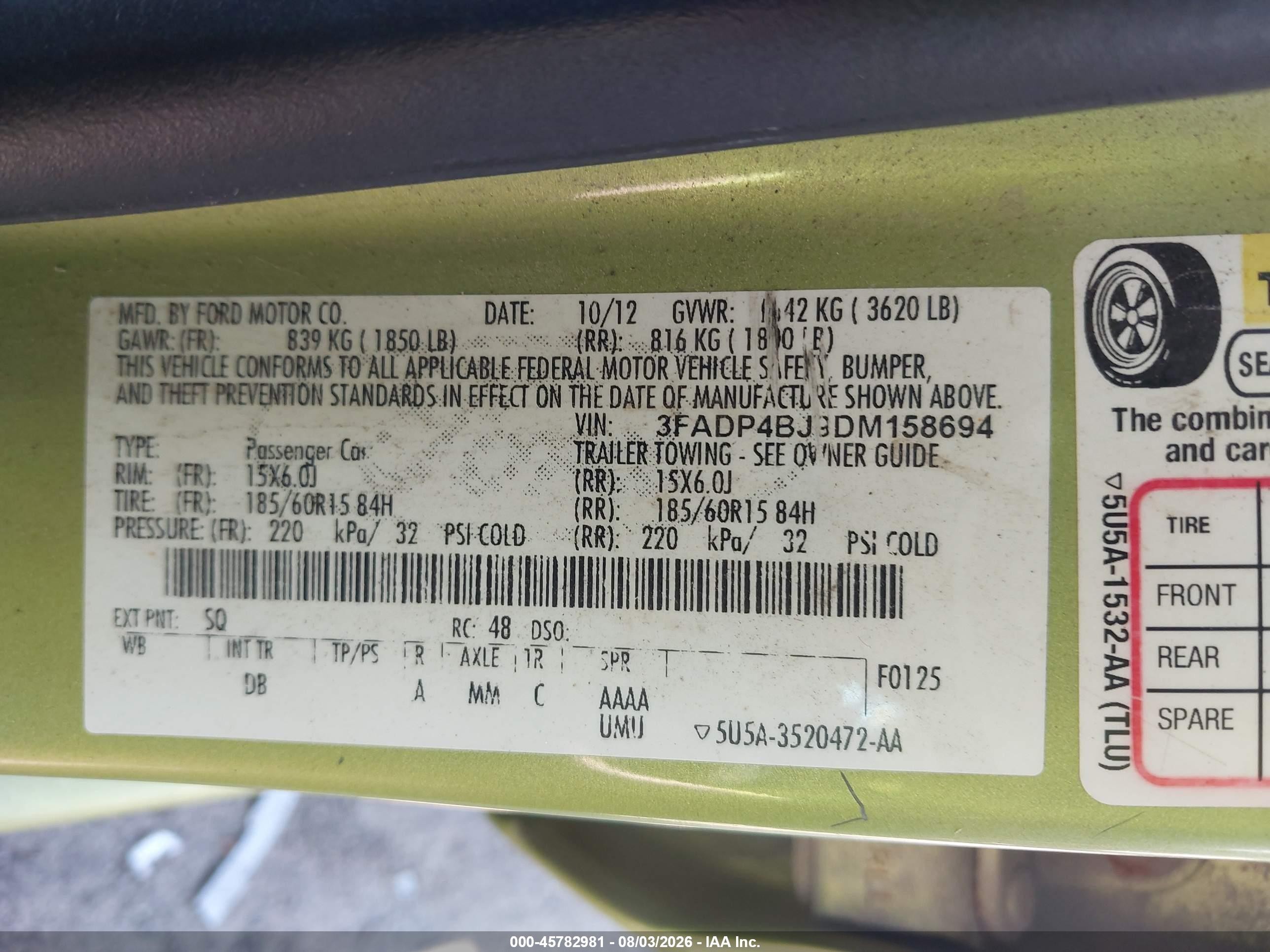 2013 Ford Fiesta Se Green vin: 3FADP4BJ9DM158694