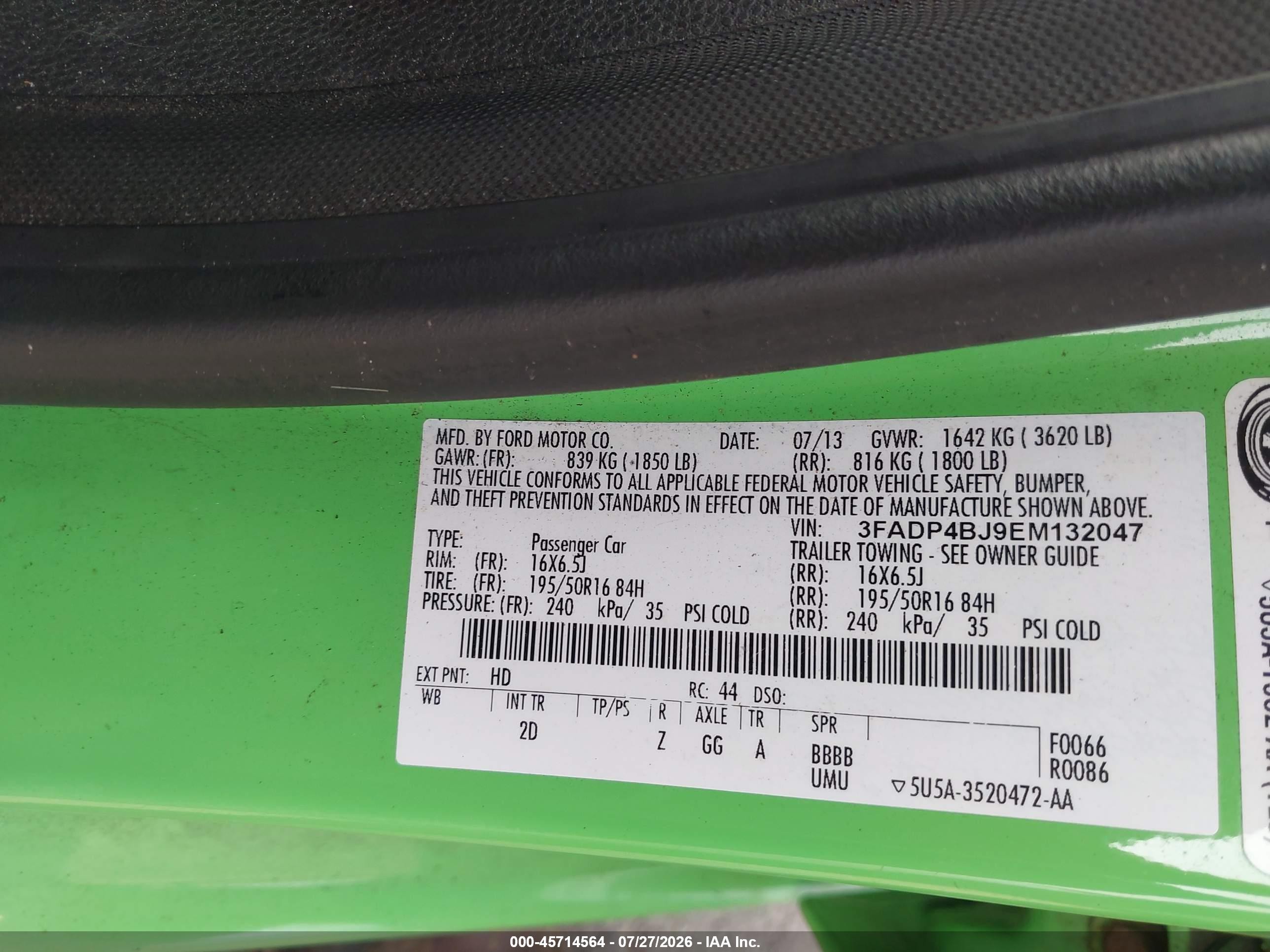 2014 Ford Fiesta Se Green vin: 3FADP4BJ9EM132047