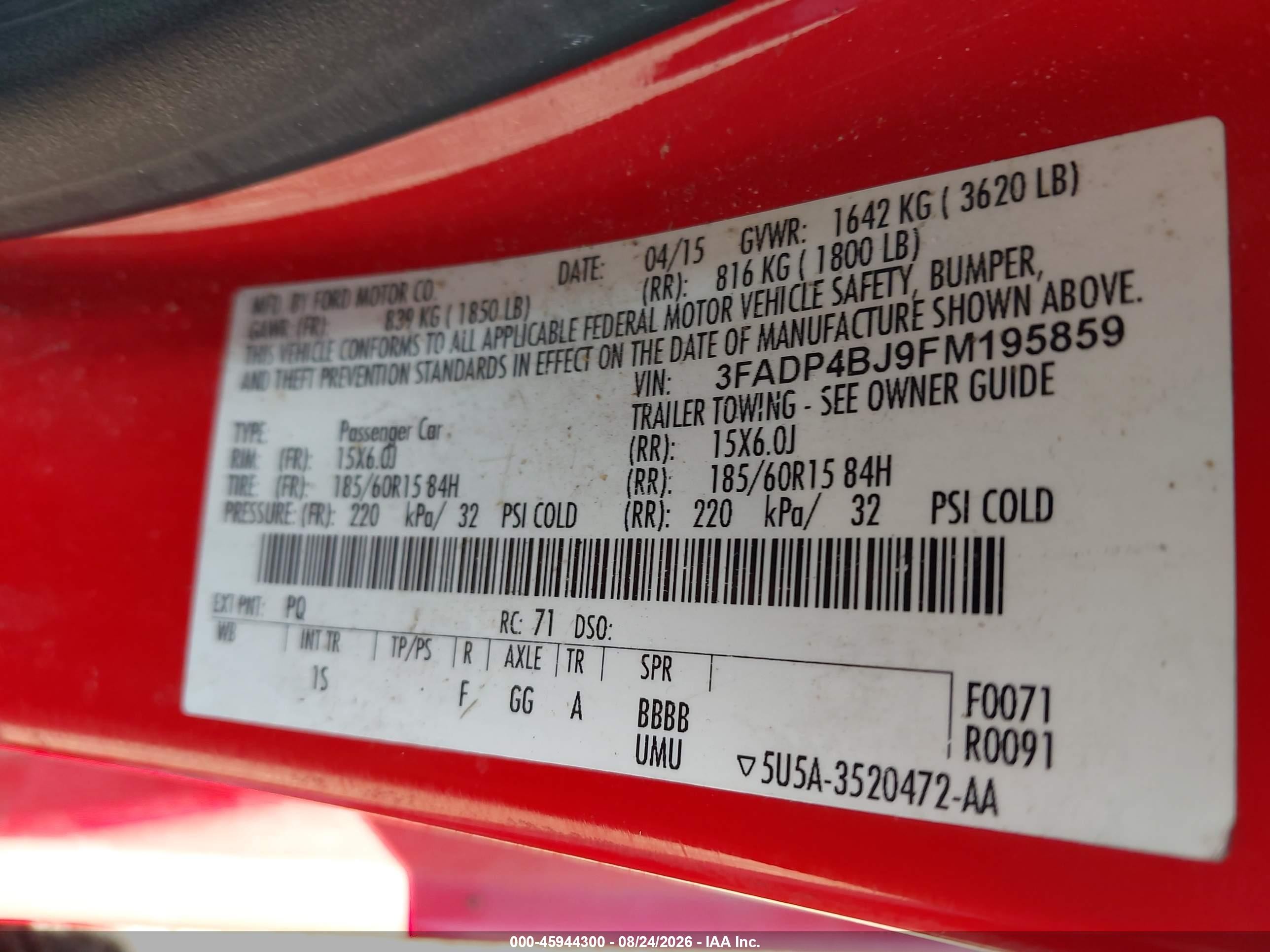 2015 Ford Fiesta Se Red vin: 3FADP4BJ9FM195859