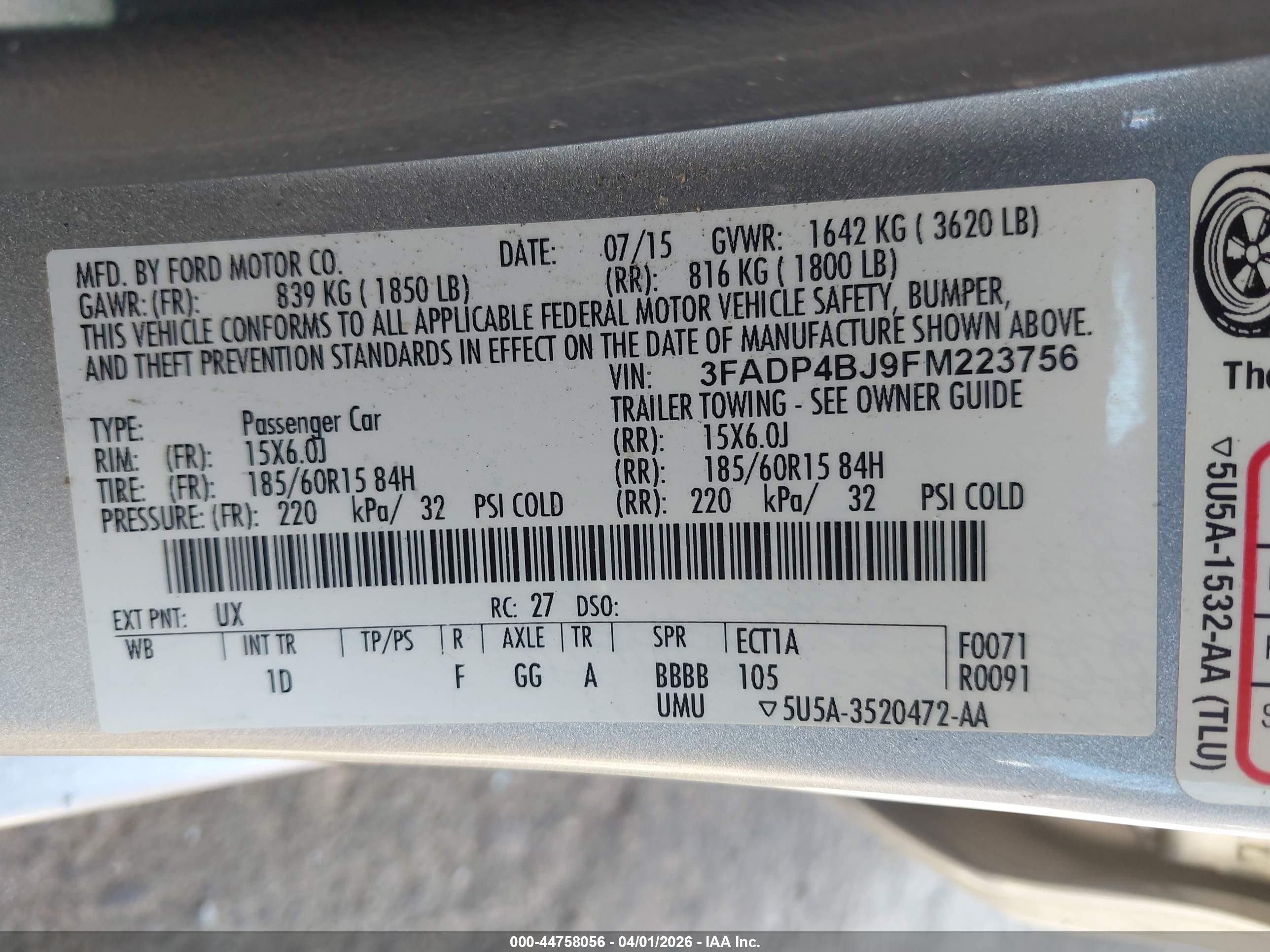 2015 Ford Fiesta Se Silver vin: 3FADP4BJ9FM223756