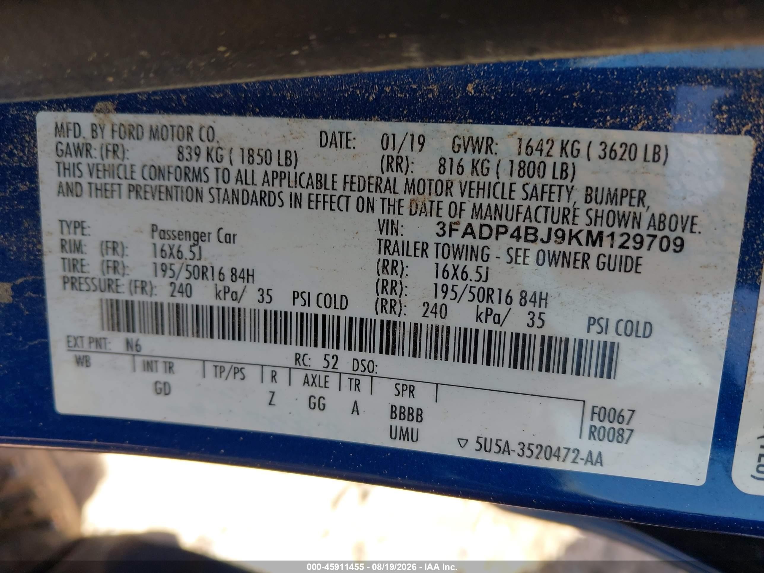 2019 Ford Fiesta Se Blue vin: 3FADP4BJ9KM129709