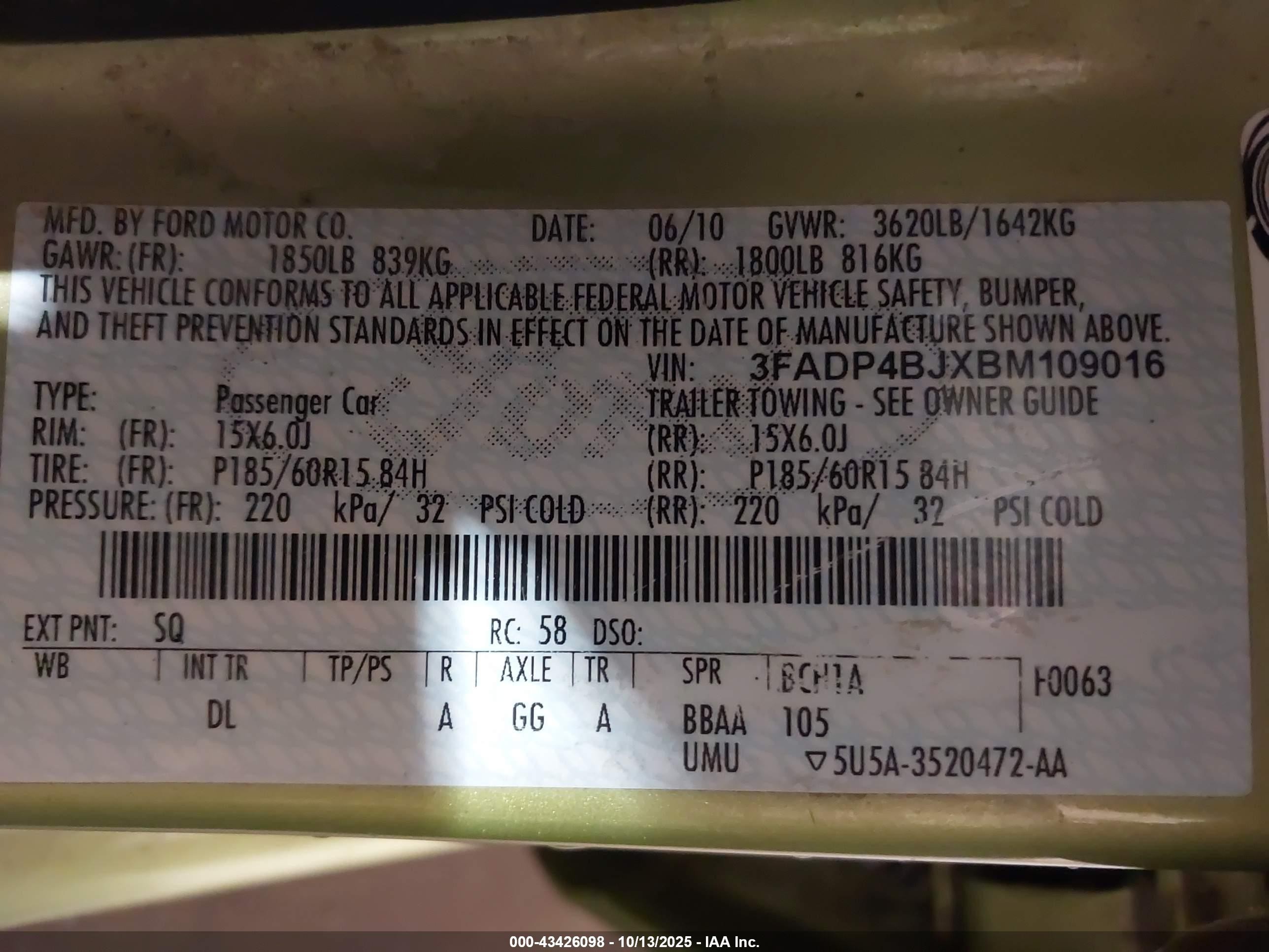 2011 Ford Fiesta Se Green vin: 3FADP4BJXBM109016