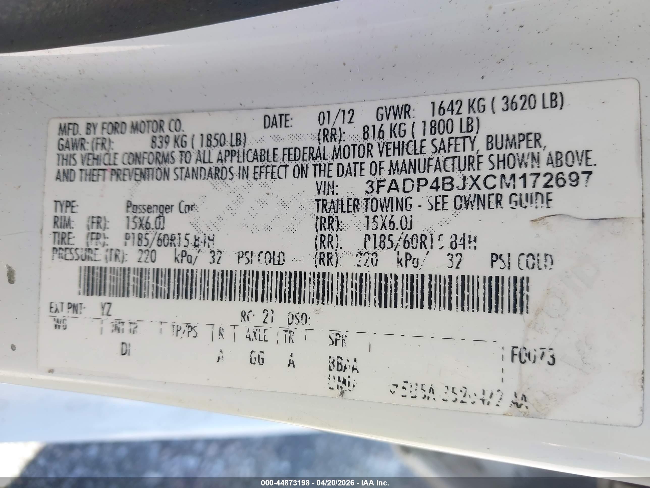 2012 Ford Fiesta Se White vin: 3FADP4BJXCM172697