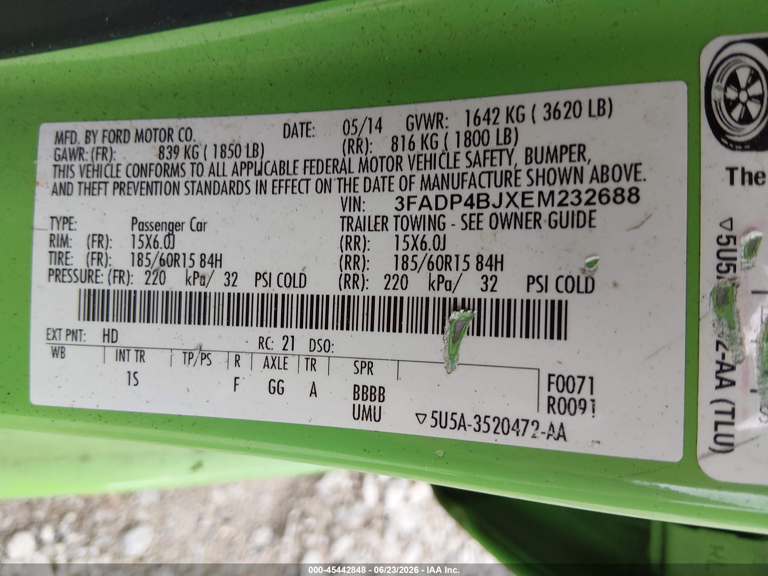2014 Ford Fiesta Se Green vin: 3FADP4BJXEM232688