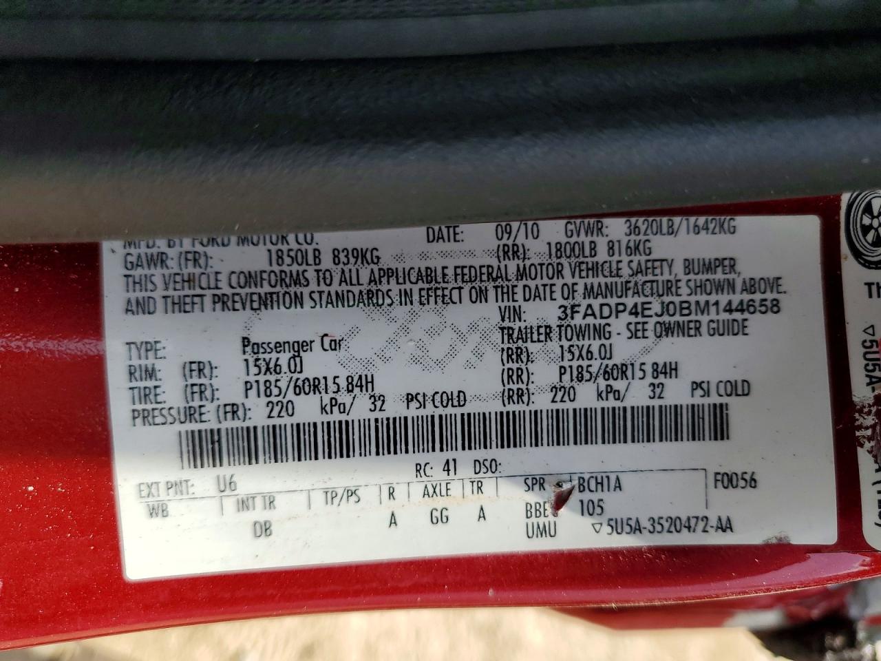 2011 Ford Fiesta Se Red vin: 3FADP4EJ0BM144658