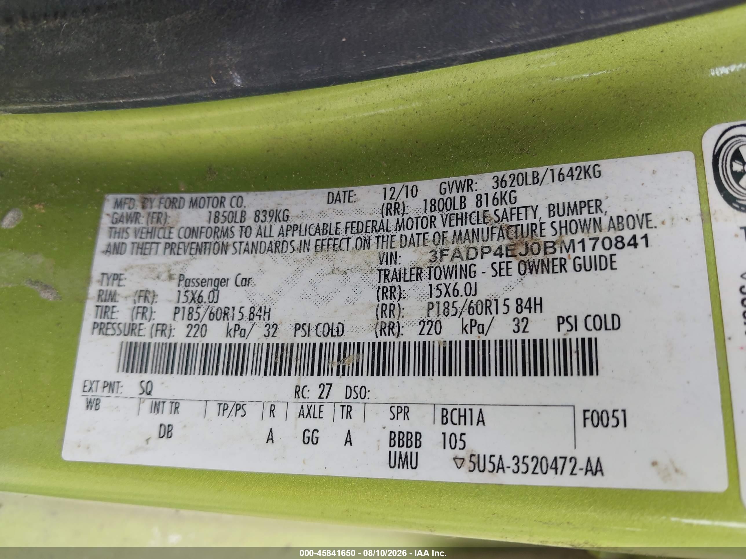 2011 Ford Fiesta Se Зеленый vin: 3FADP4EJ0BM170841