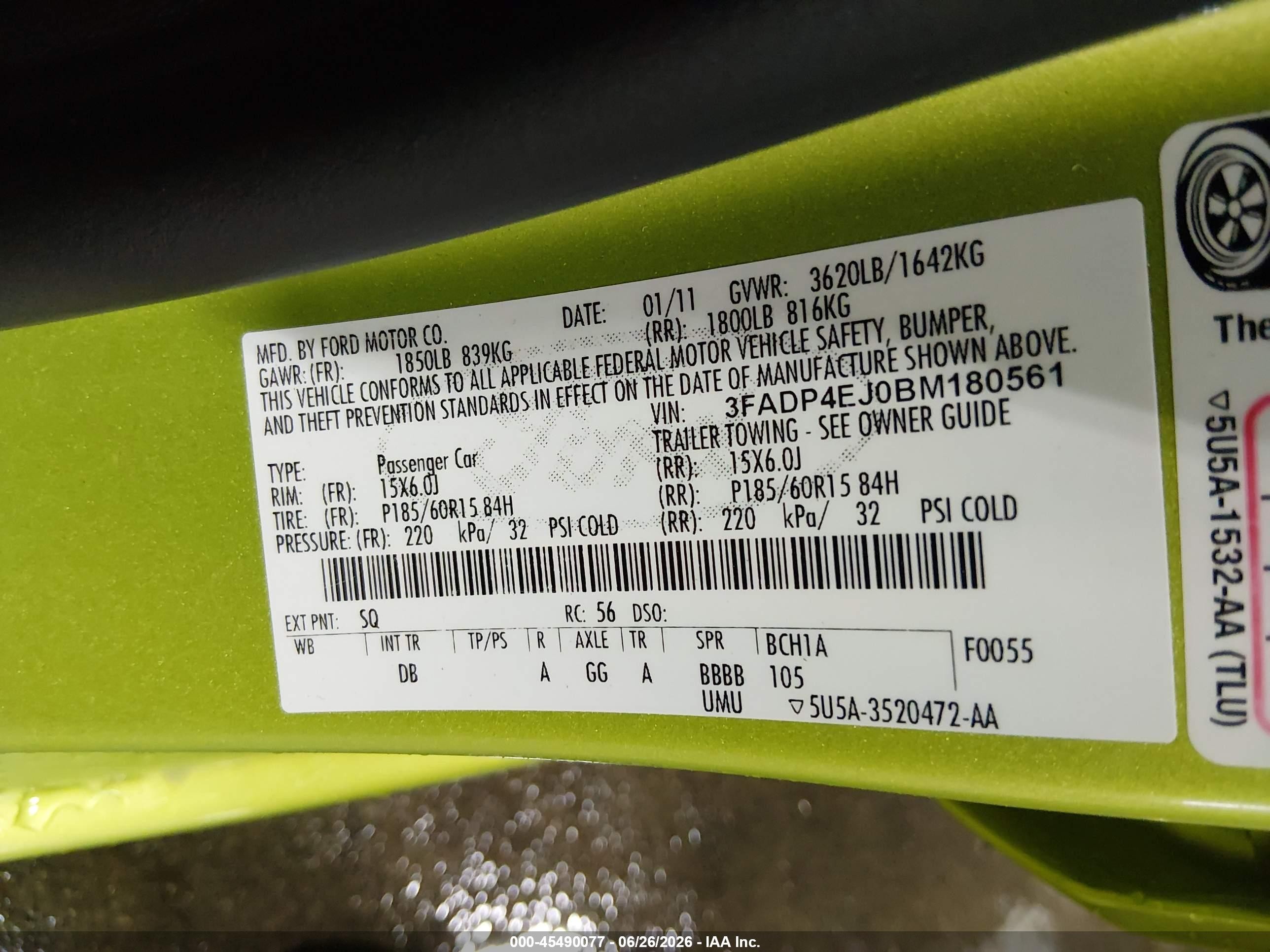 2011 Ford Fiesta Se Green vin: 3FADP4EJ0BM180561