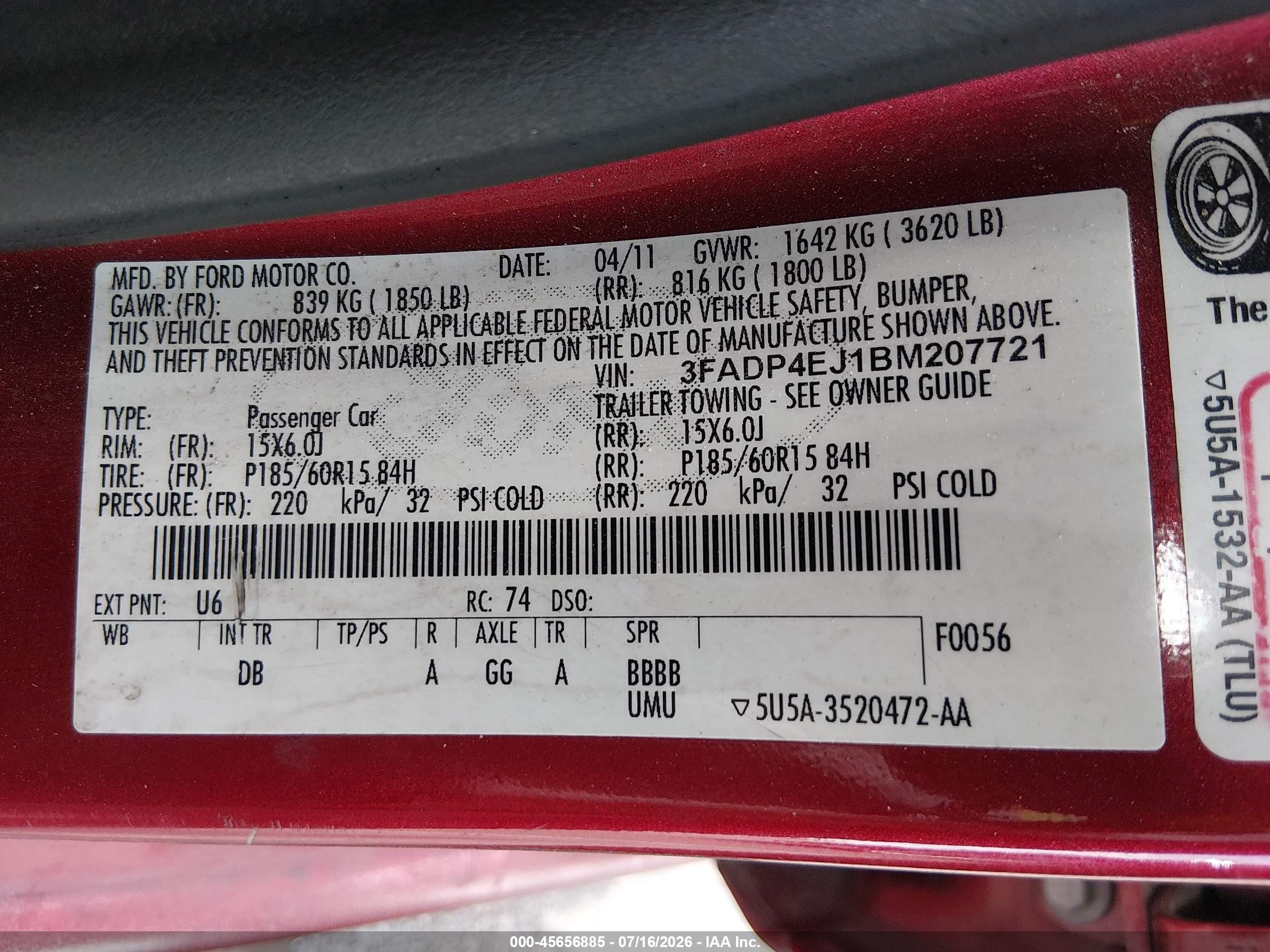 2011 Ford Fiesta Se Red vin: 3FADP4EJ1BM207721