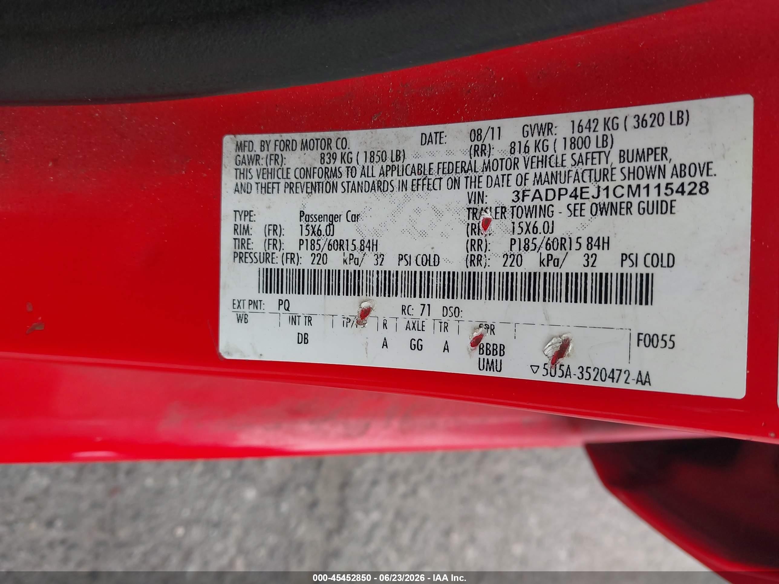 2012 Ford Fiesta Se Red vin: 3FADP4EJ1CM115428