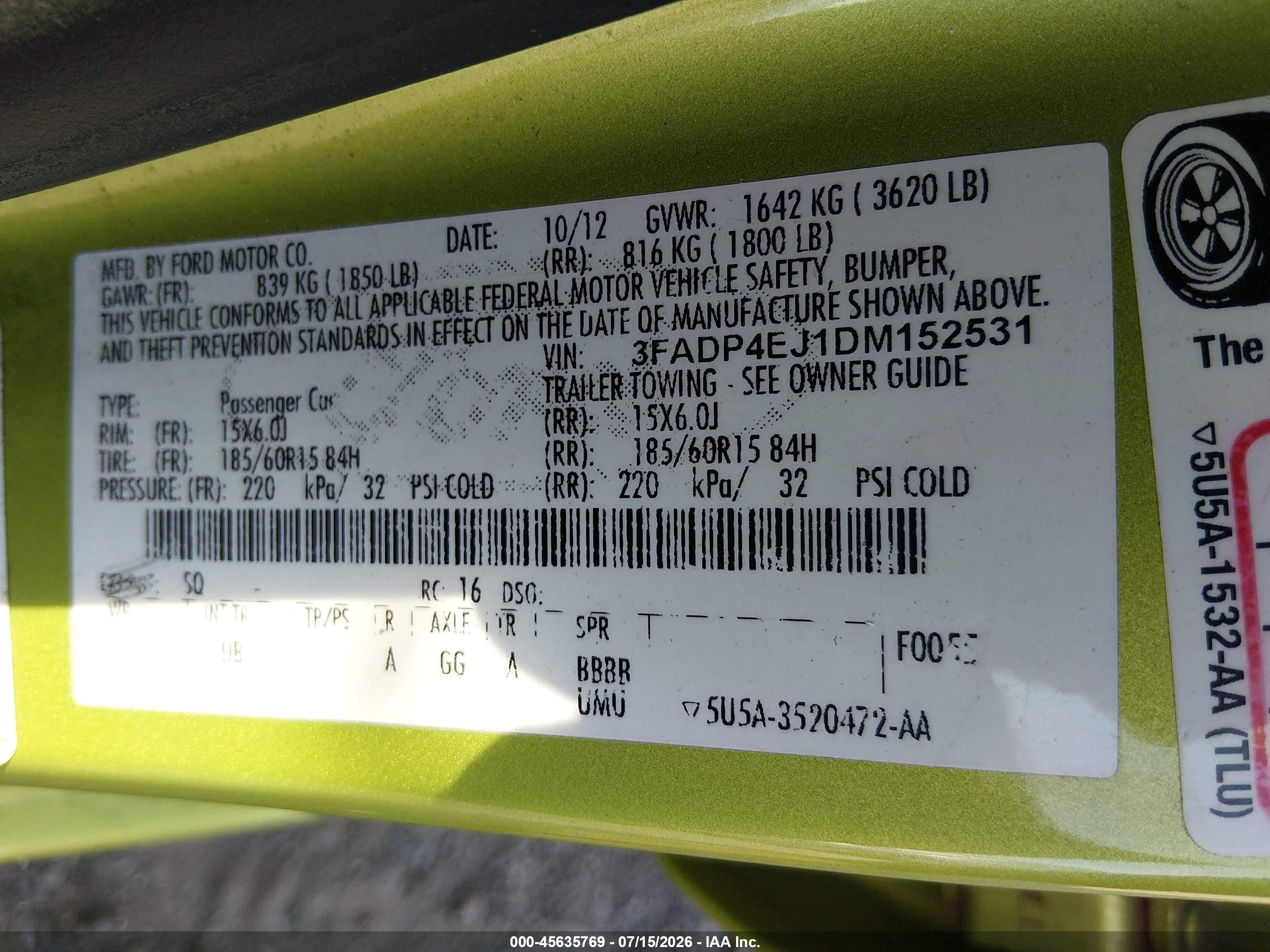 2013 Ford Fiesta Se Green vin: 3FADP4EJ1DM152531