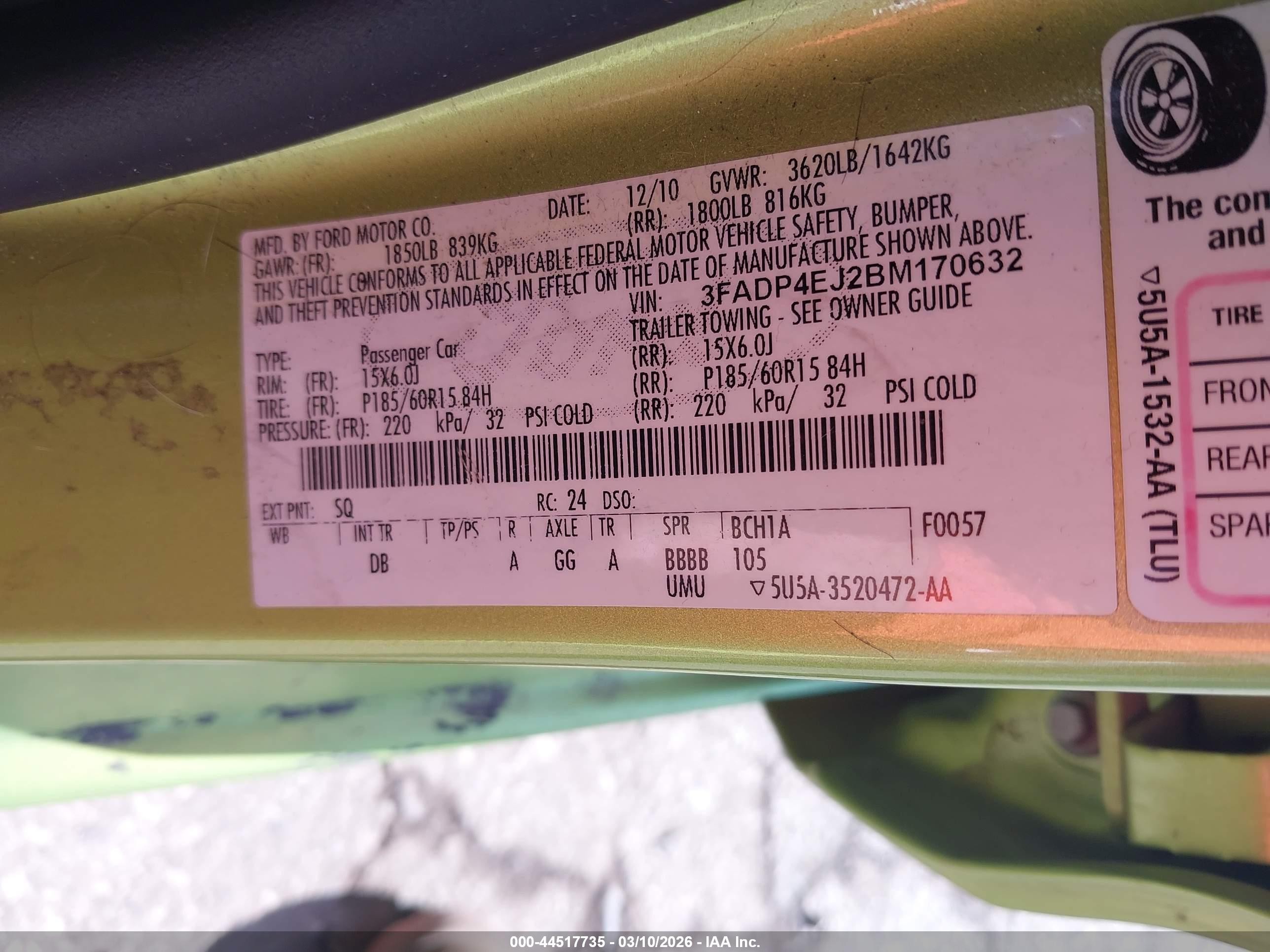 2011 Ford Fiesta Se Green vin: 3FADP4EJ2BM170632