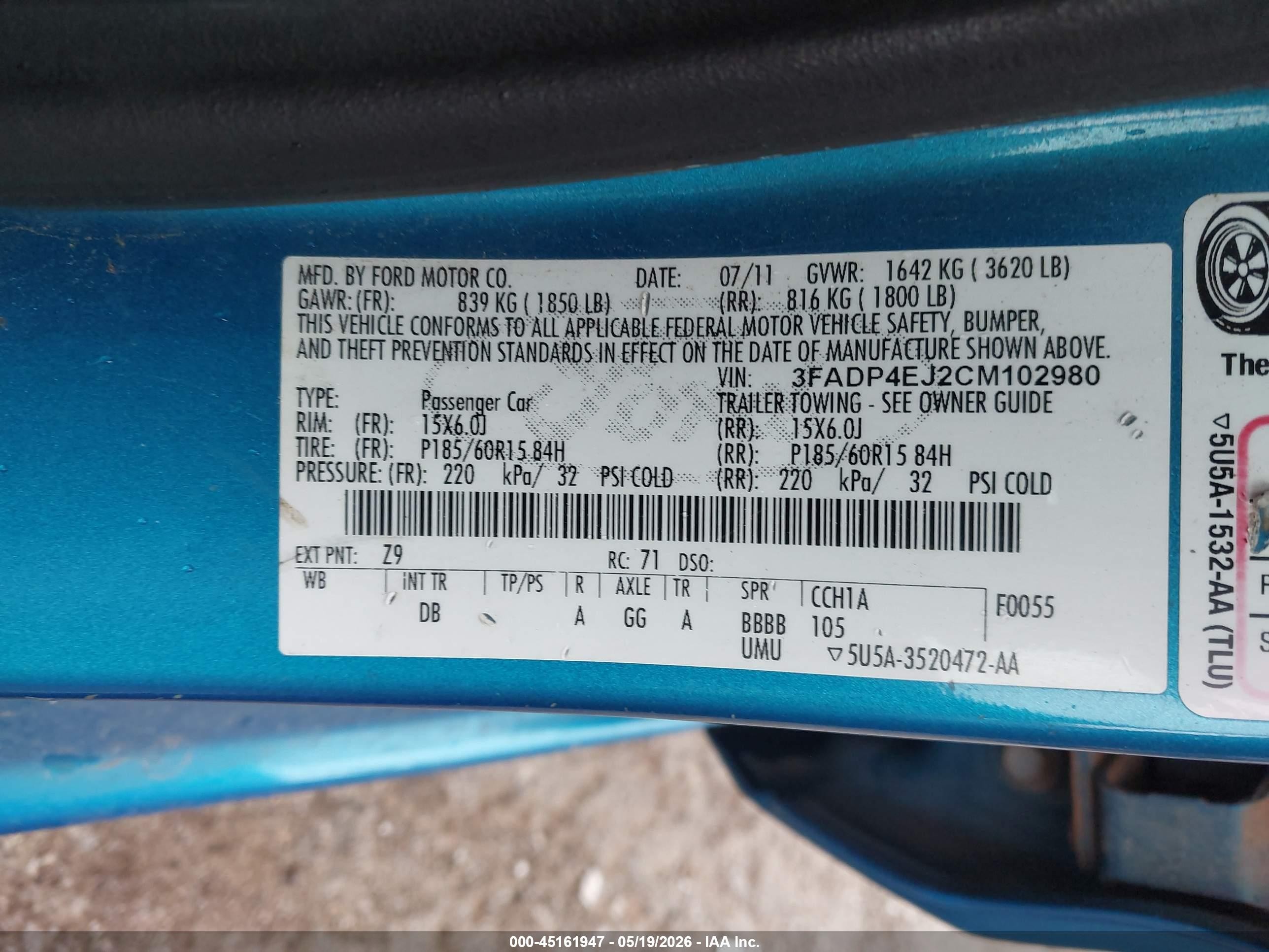 2012 Ford Fiesta Se Blue vin: 3FADP4EJ2CM102980