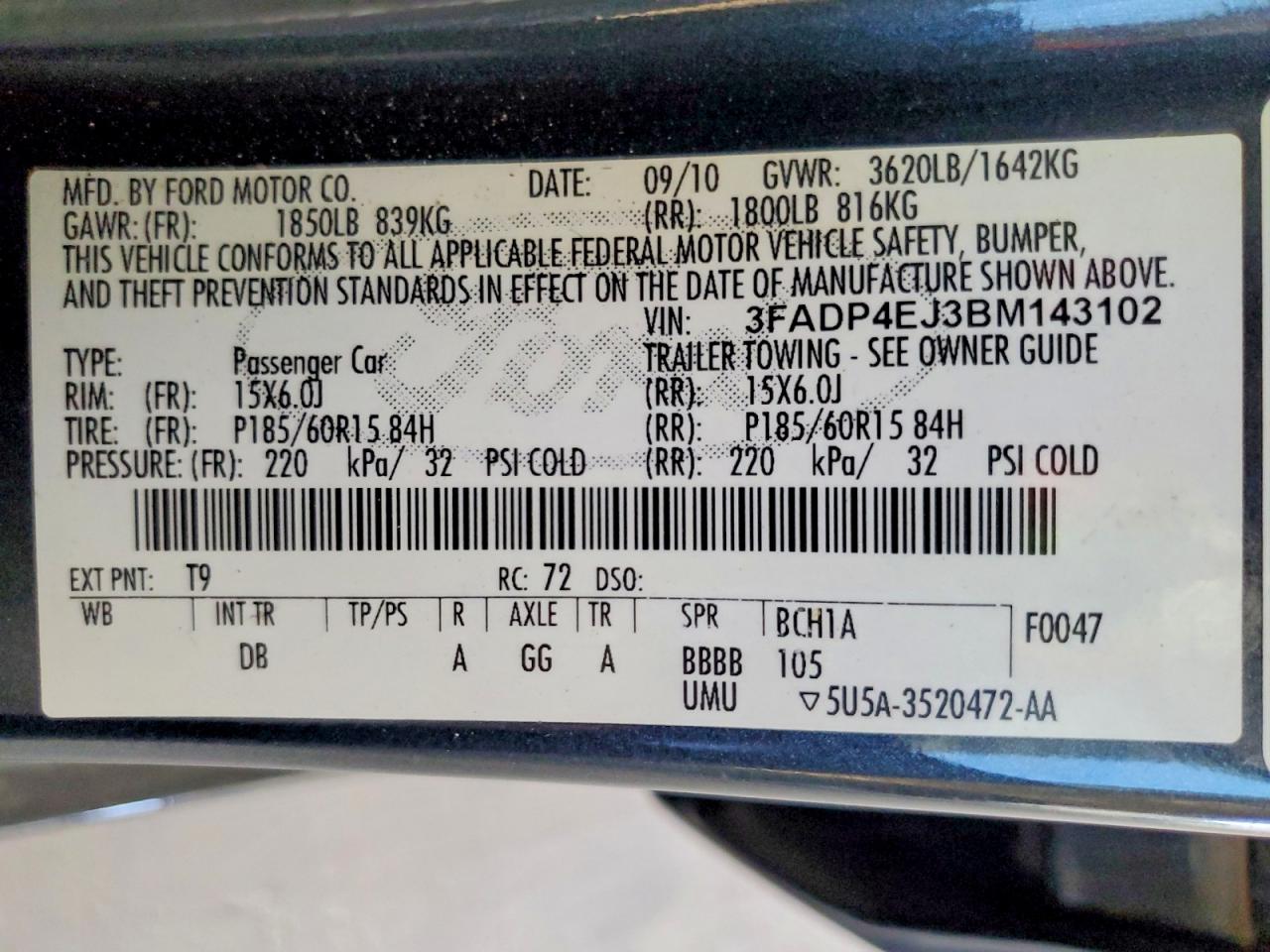 2011 Ford Fiesta Se Charcoal vin: 3FADP4EJ3BM143102