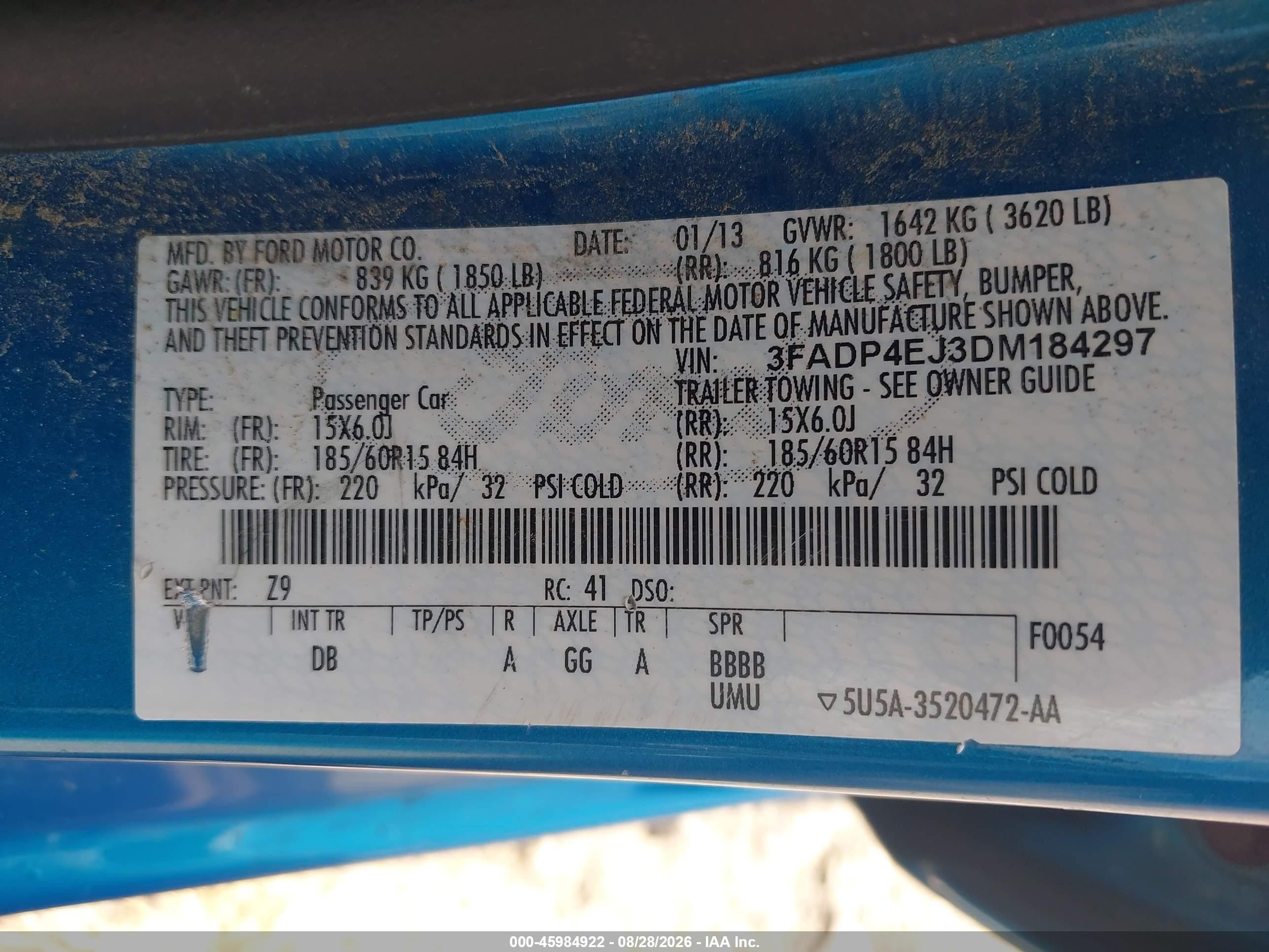 2013 Ford Fiesta Se Light Blue vin: 3FADP4EJ3DM184297