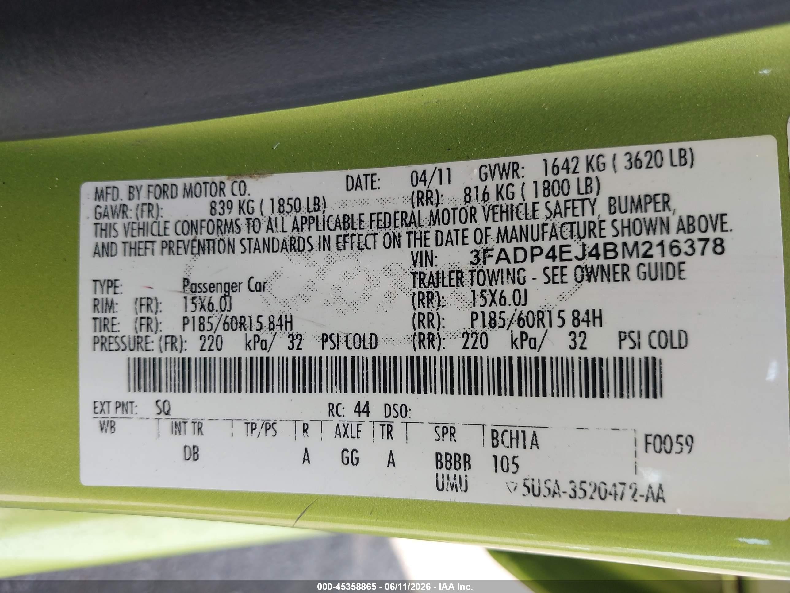 2011 Ford Fiesta Se Green vin: 3FADP4EJ4BM216378