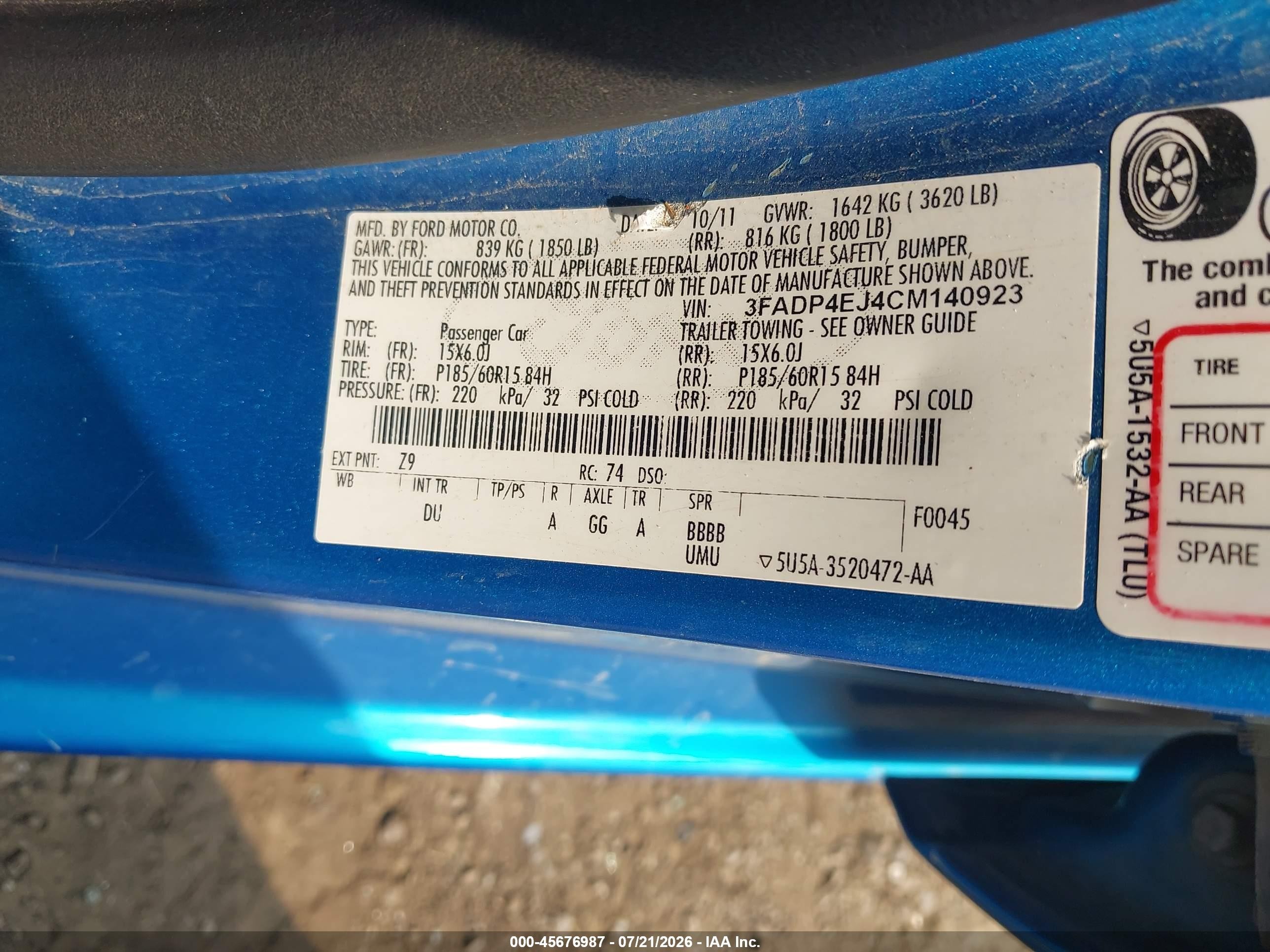 2012 Ford Fiesta Se Light Blue vin: 3FADP4EJ4CM140923