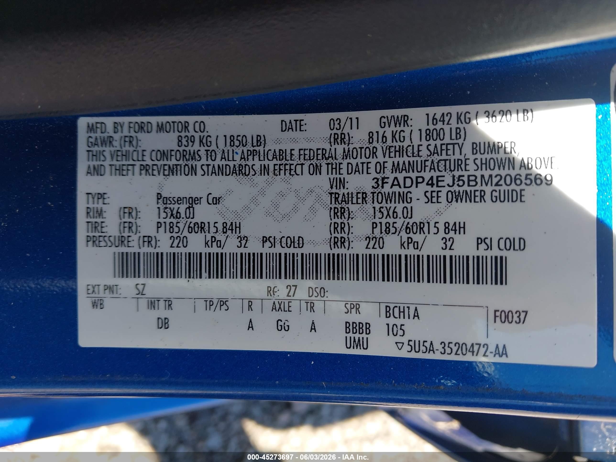 2011 Ford Fiesta Se Blue vin: 3FADP4EJ5BM206569